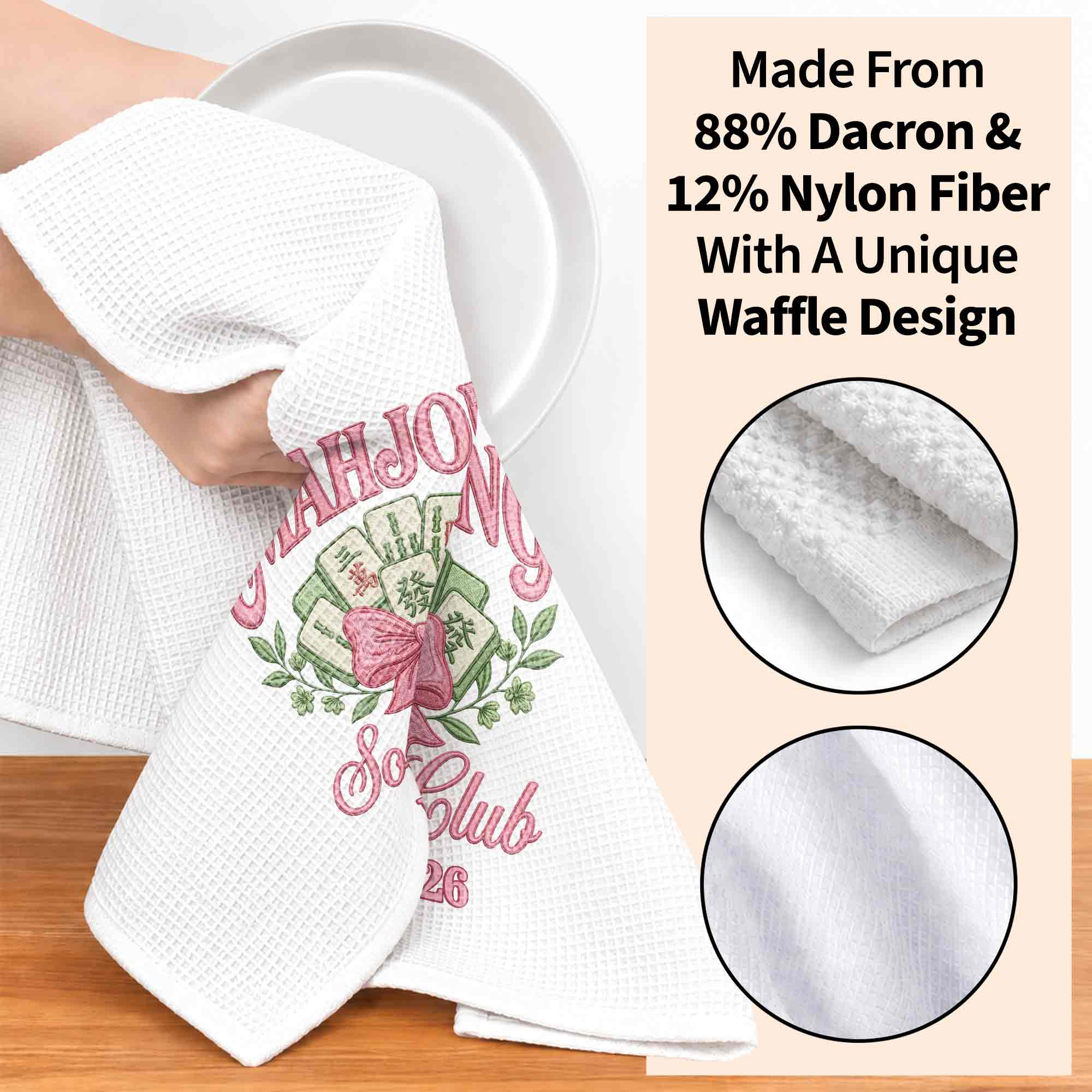Personalized Mahjong Kitchen Towel with Pink Bow for Mom