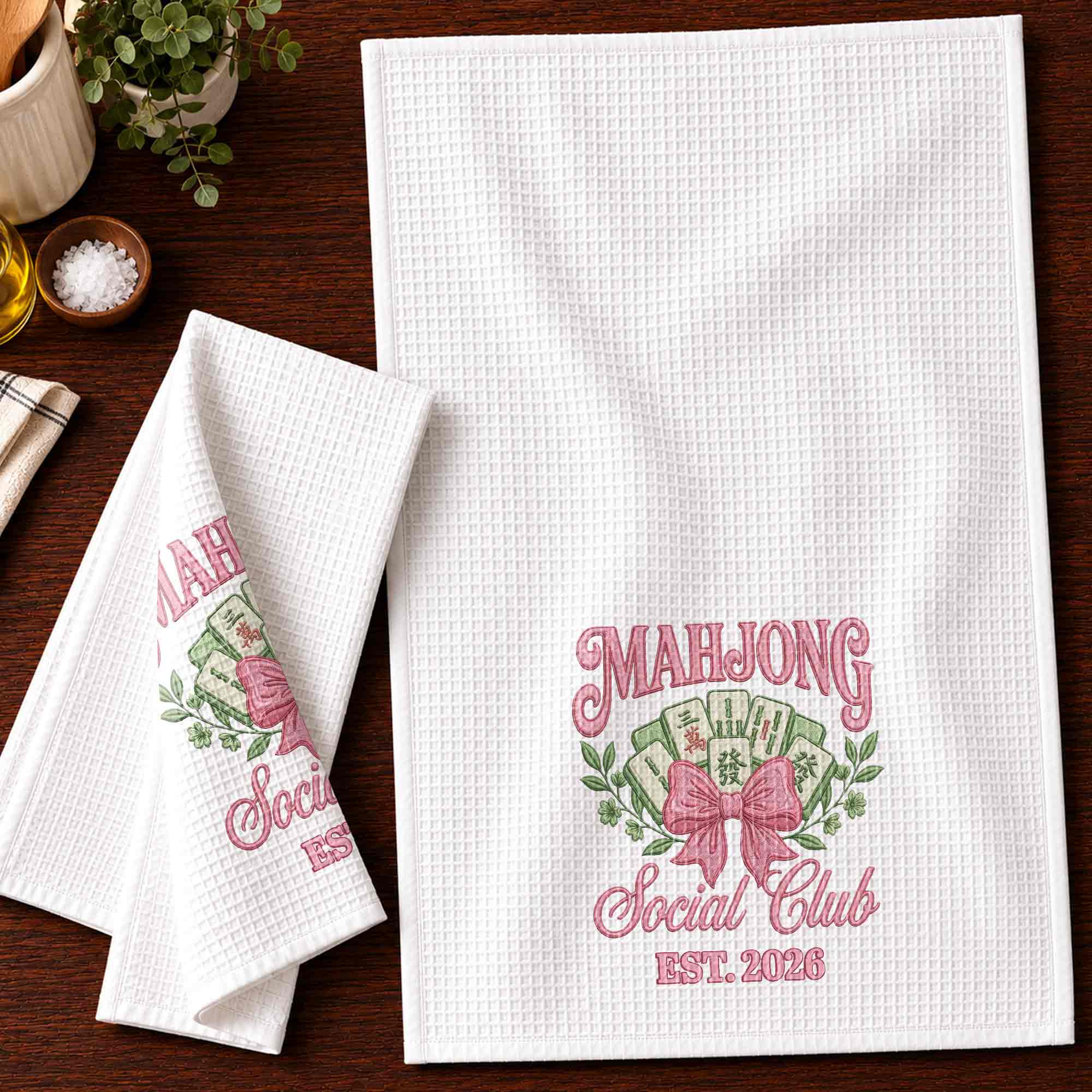 Personalized Mahjong Kitchen Towel with Pink Bow for Mom