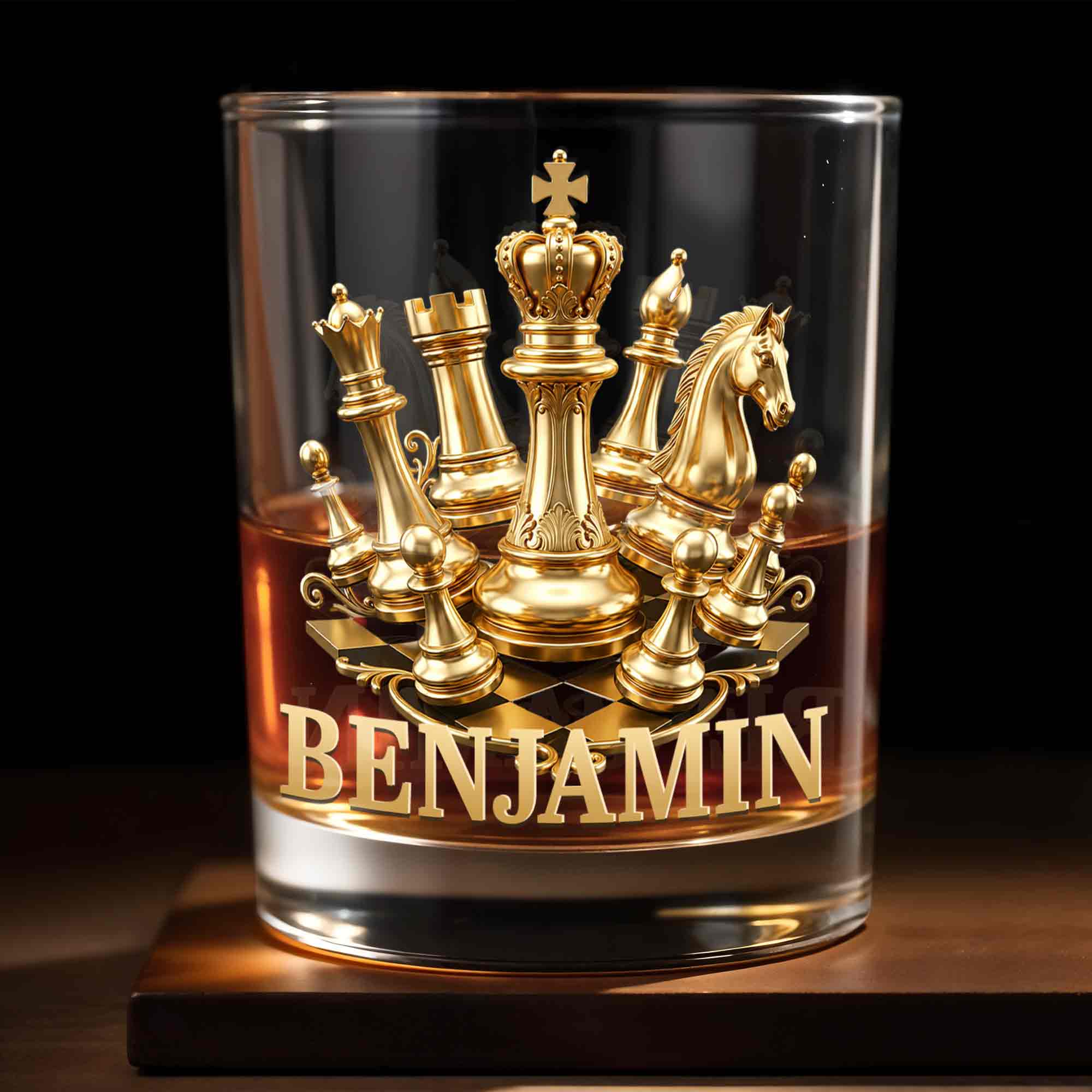 Personalized Gold Chess Design Whiskey Glass Custom Name Gift for Dad