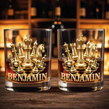 Load image into Gallery viewer, Personalized Gold Chess Design Whiskey Glass Custom Name Gift for Dad
