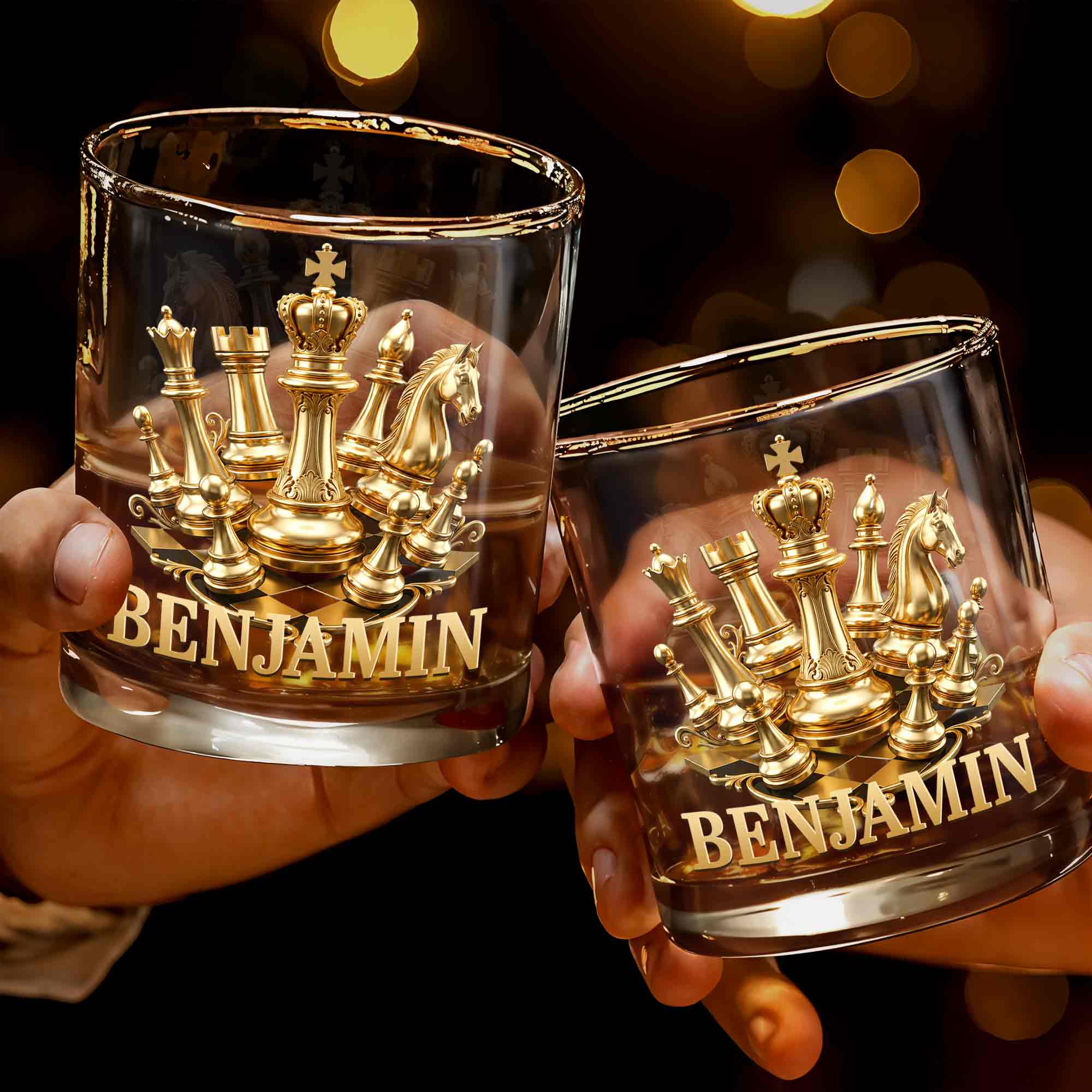 Personalized Gold Chess Design Whiskey Glass Custom Name Gift for Dad