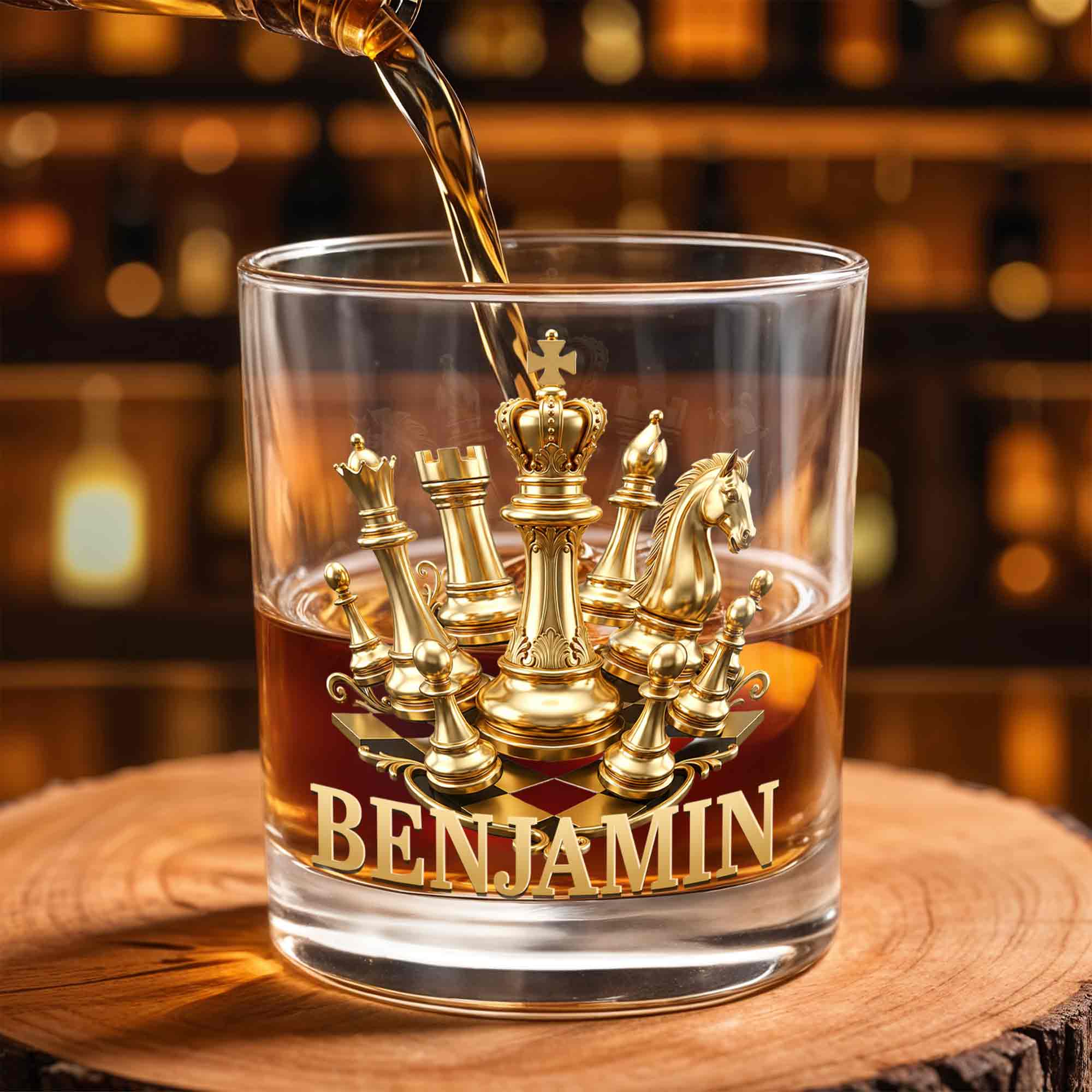 Personalized Gold Chess Design Whiskey Glass Custom Name Gift for Dad
