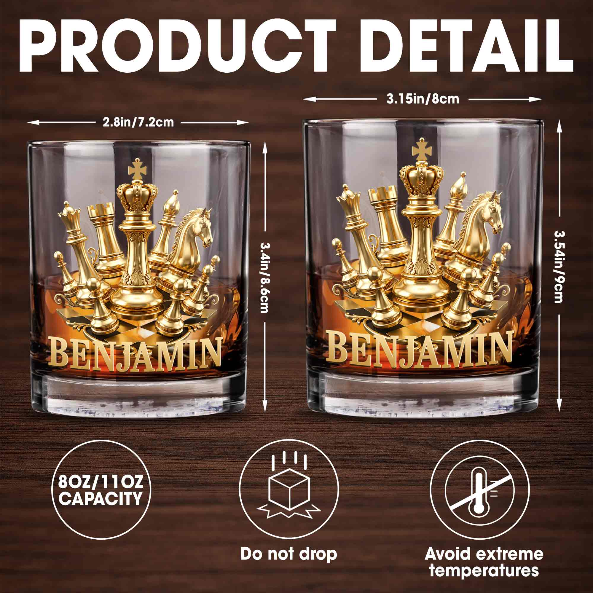 Personalized Gold Chess Design Whiskey Glass Custom Name Gift for Dad