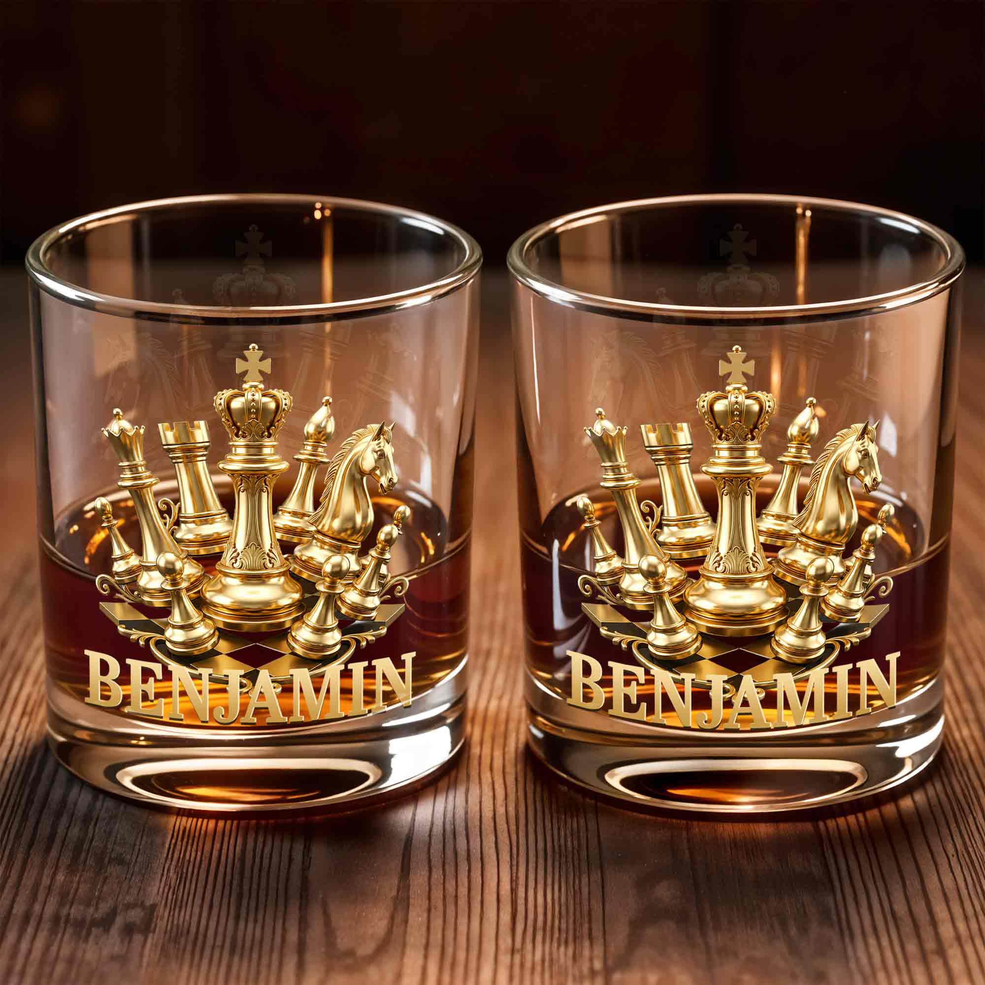 Personalized Gold Chess Design Whiskey Glass Custom Name Gift for Dad