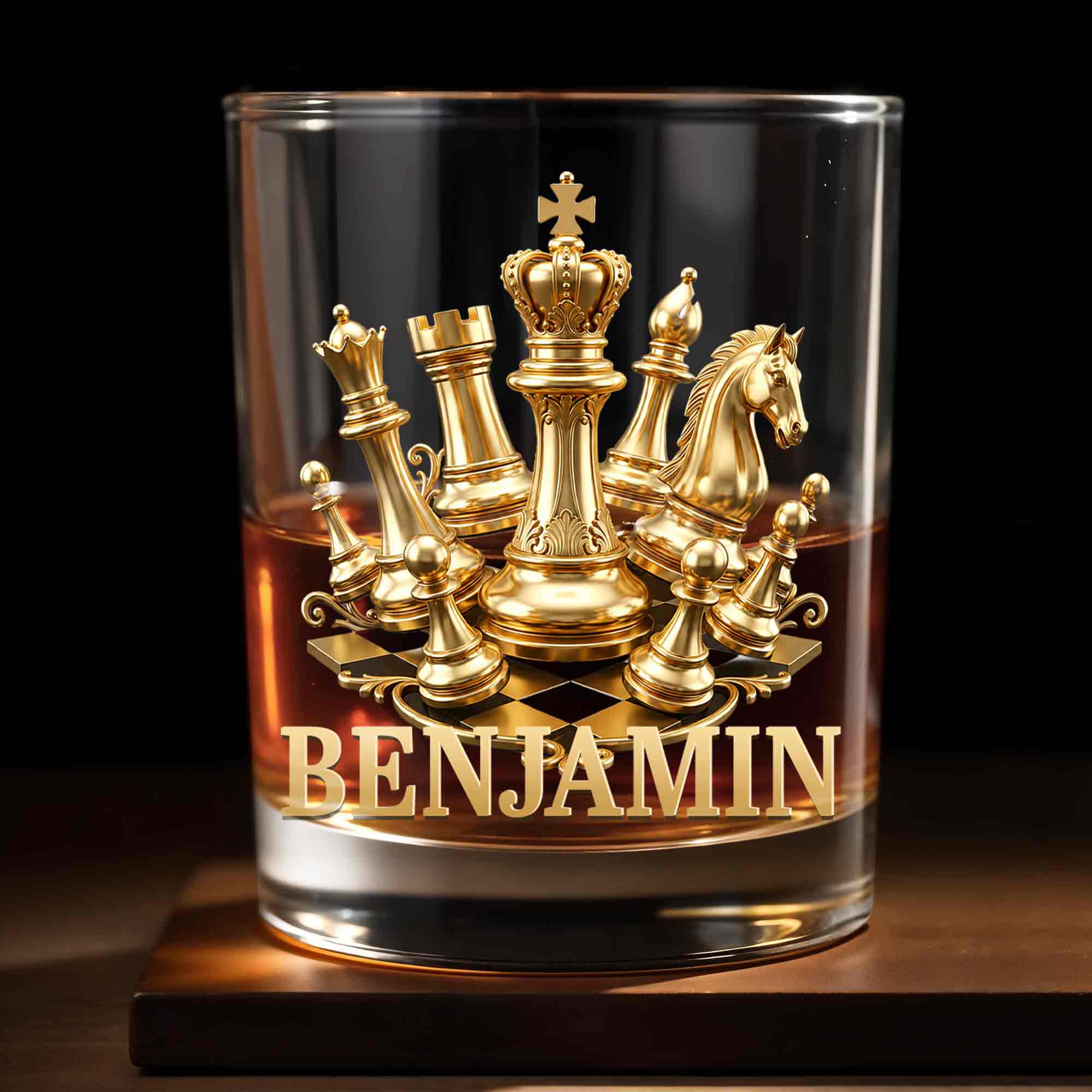 Personalized Gold Chess Design Whiskey Glass Custom Name Gift for Dad