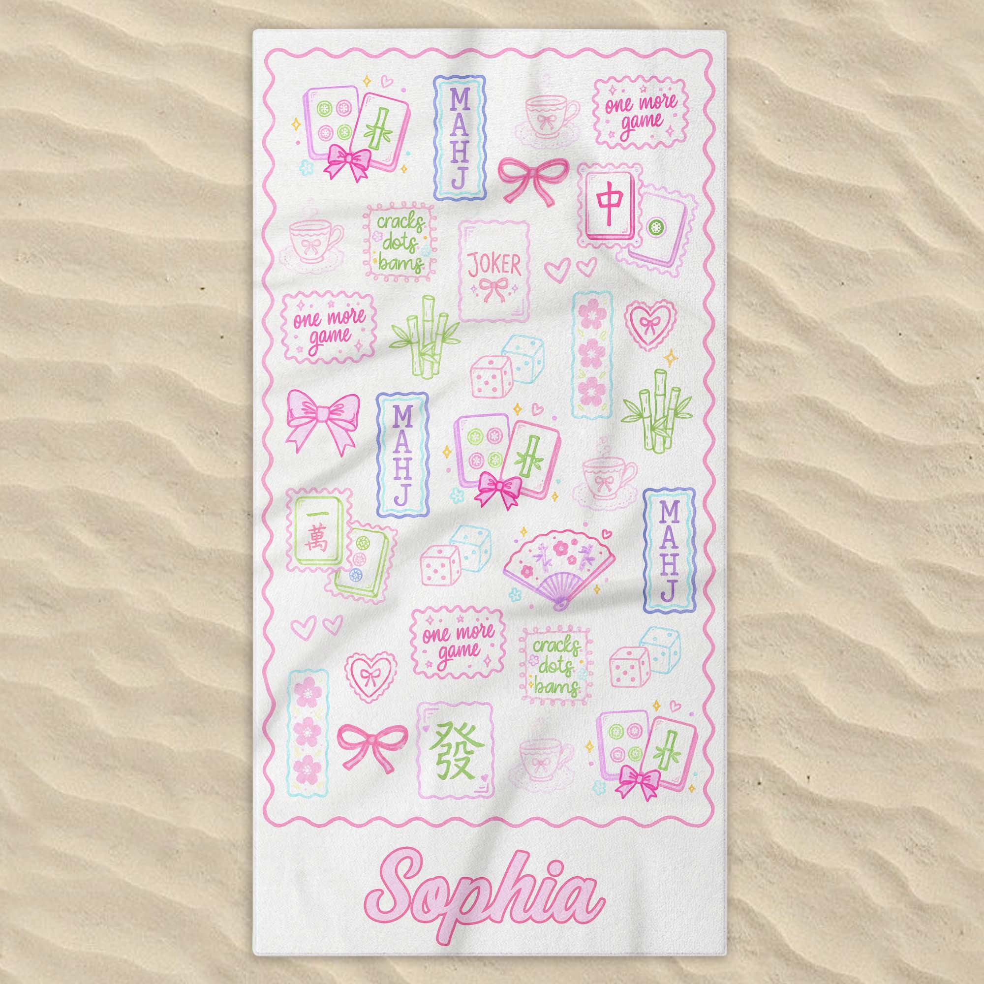 Personalized Mahjong Themed Beach Towel Custom Name Gift for Beach Lovers