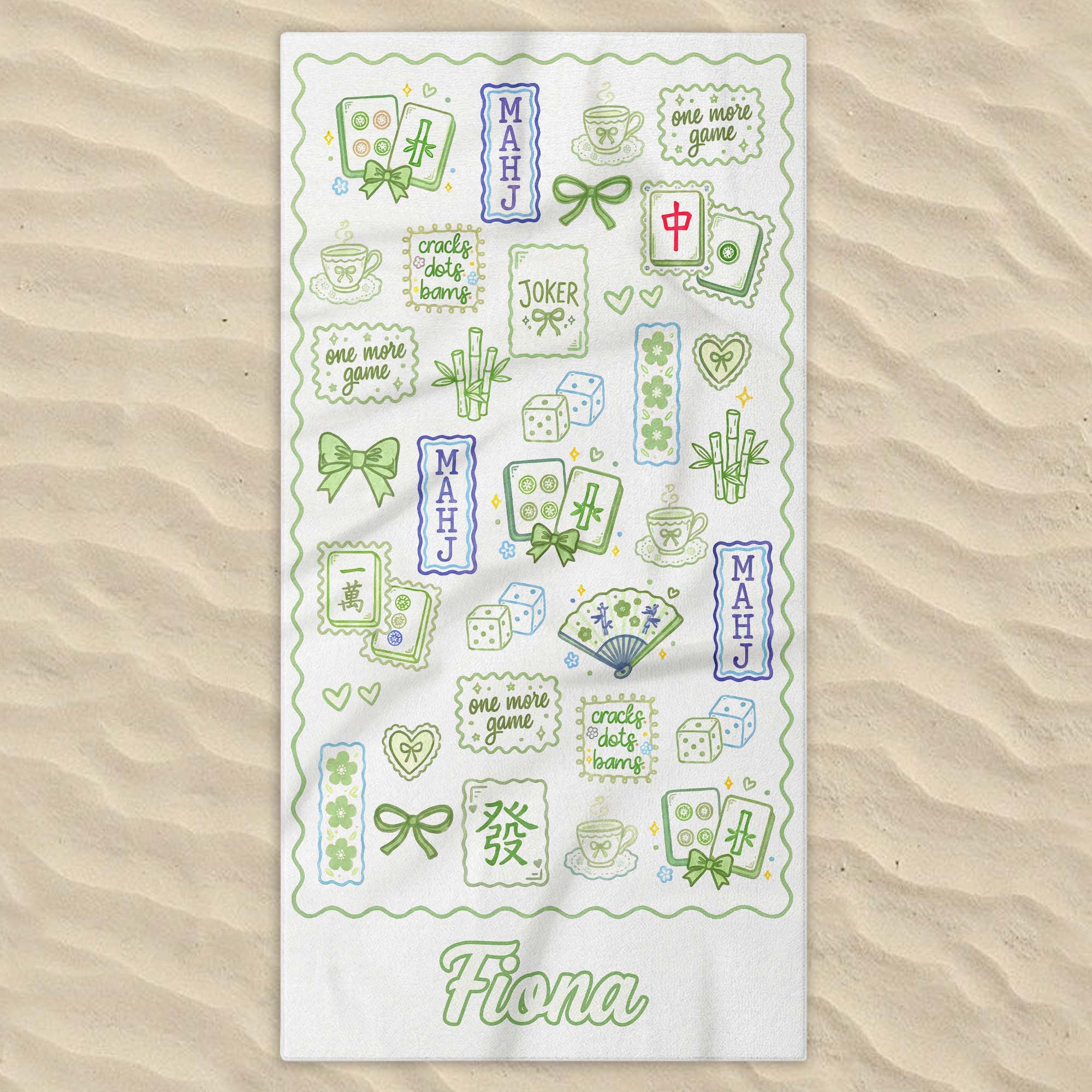 Personalized Mahjong Themed Beach Towel Custom Name Gift for Beach Lovers