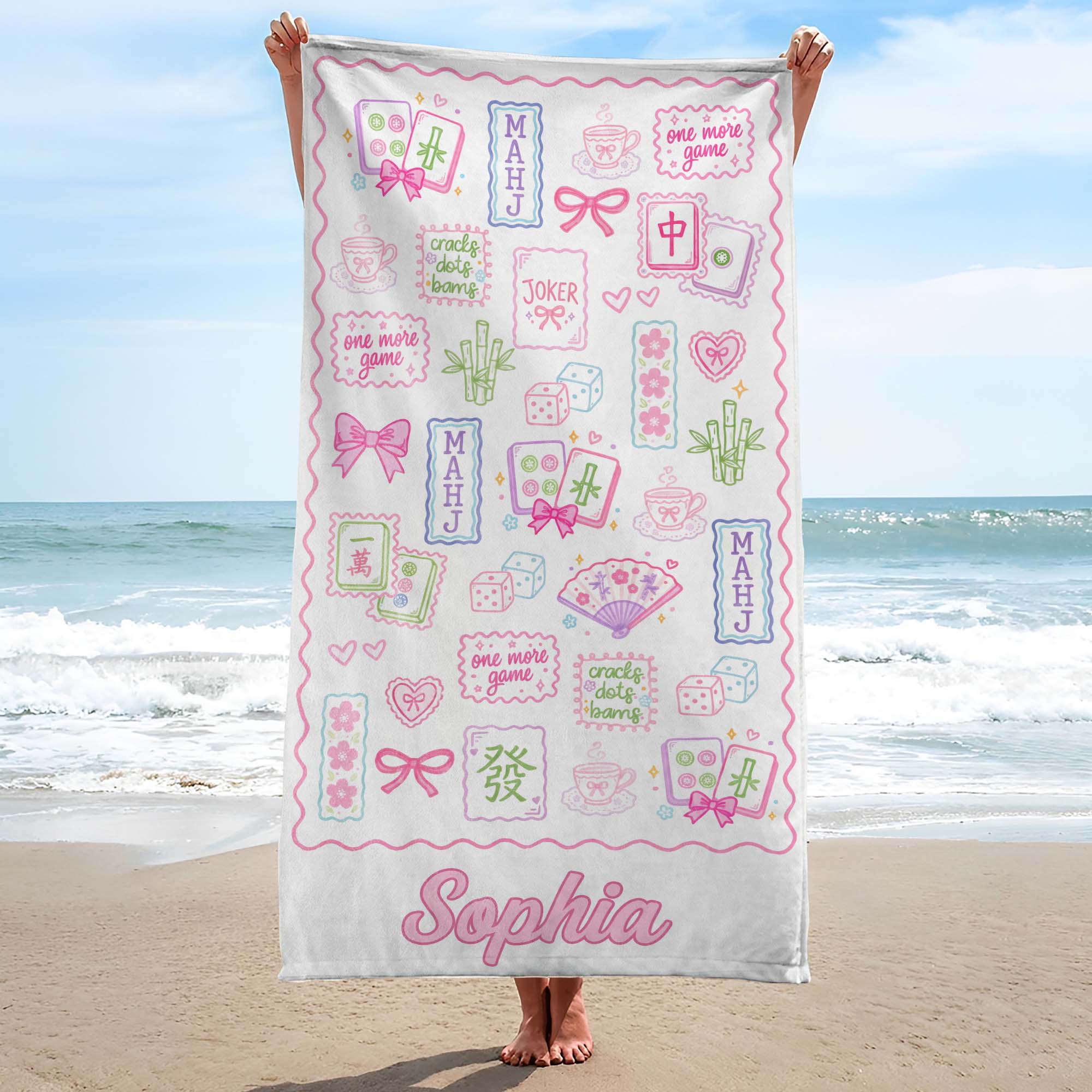 Personalized Mahjong Themed Beach Towel Custom Name Gift for Beach Lovers
