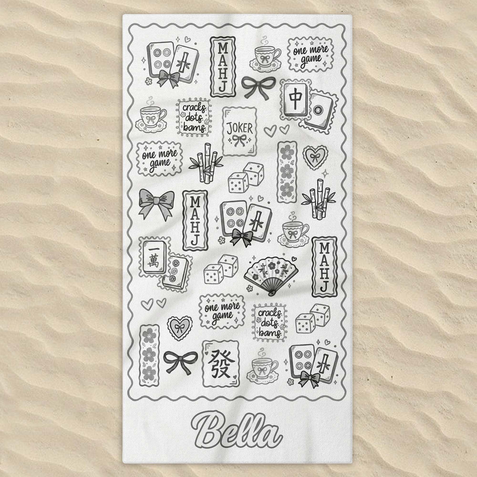 Personalized Mahjong Themed Beach Towel Custom Name Gift for Beach Lovers