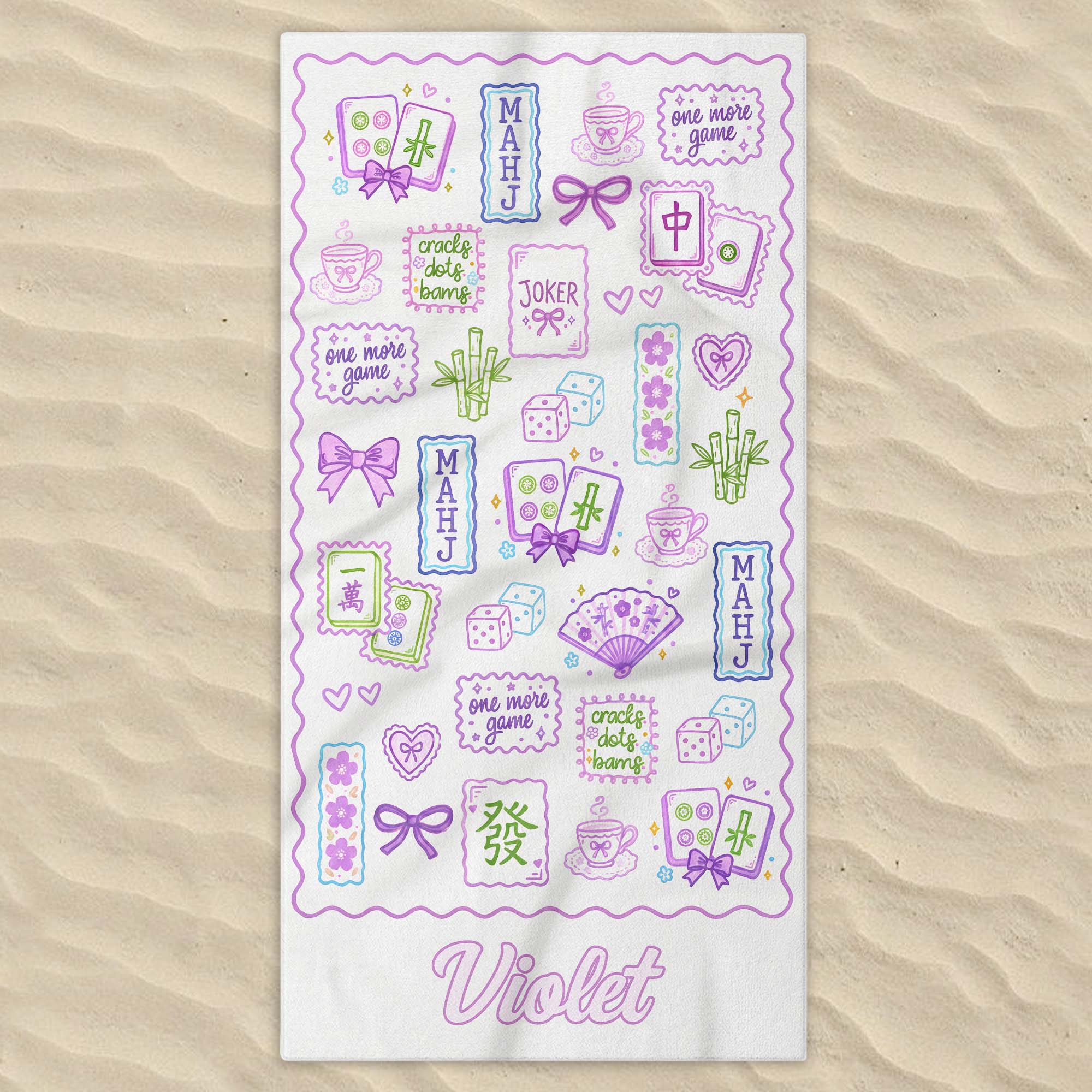 Personalized Mahjong Themed Beach Towel Custom Name Gift for Beach Lovers