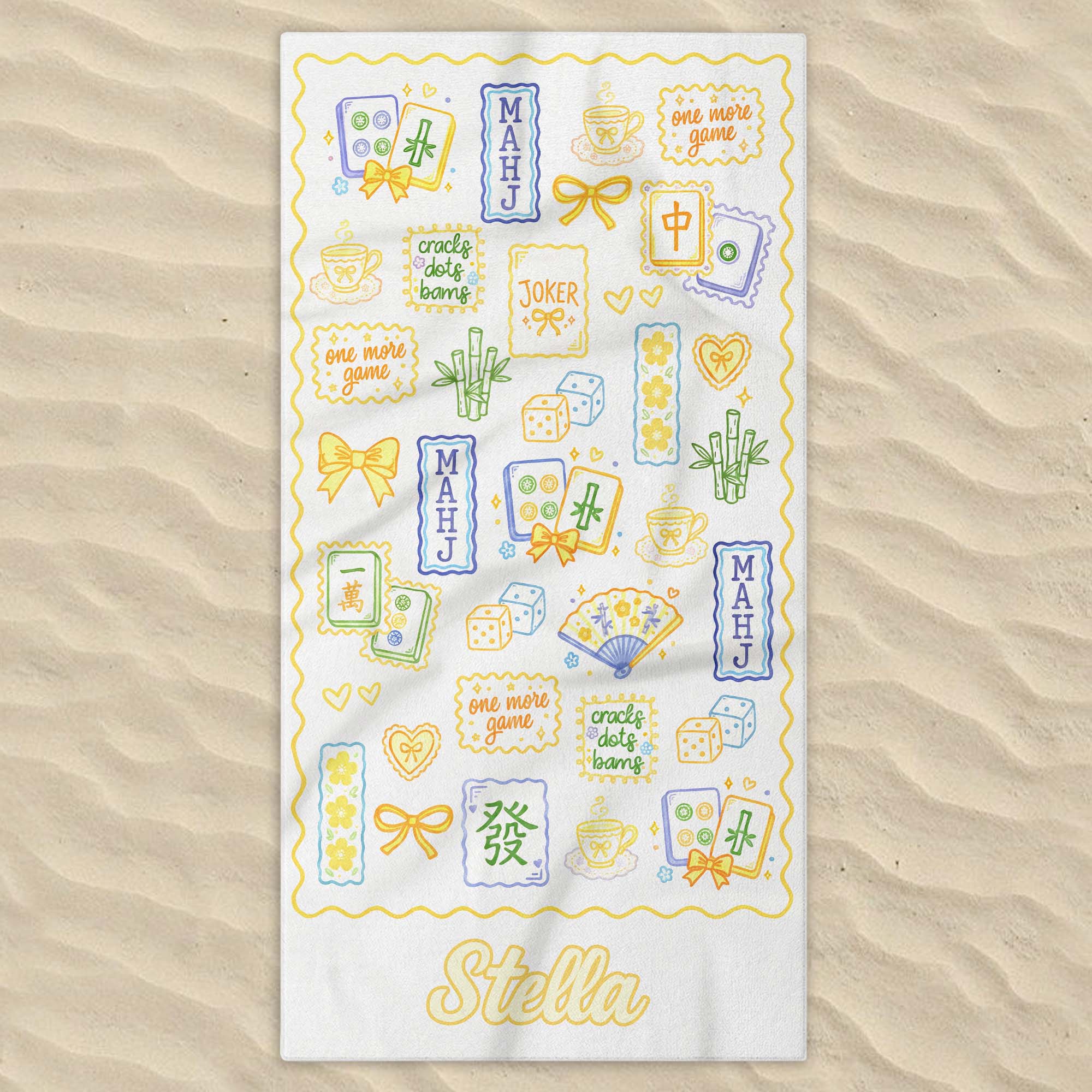 Personalized Mahjong Themed Beach Towel Custom Name Gift for Beach Lovers