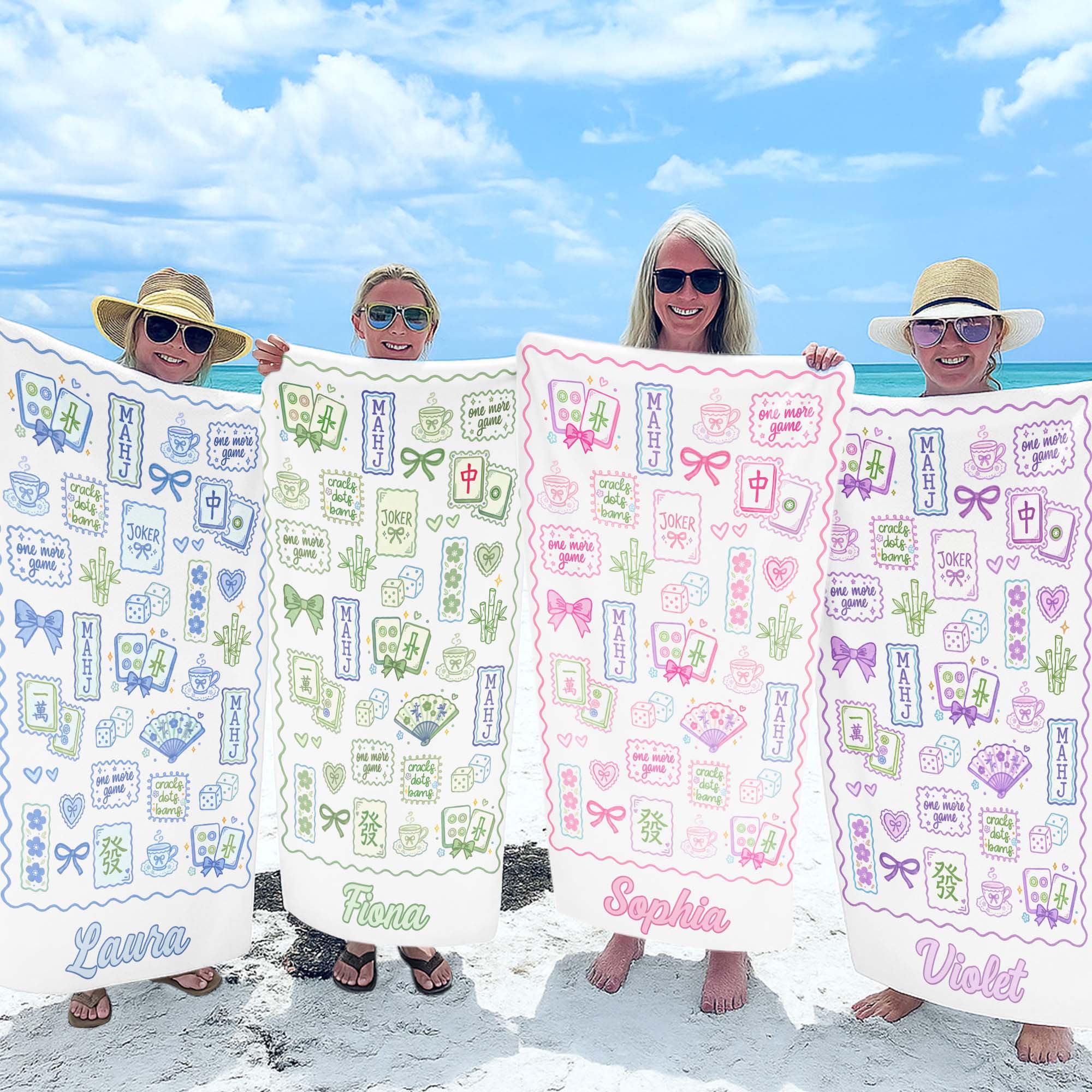 Personalized Mahjong Themed Beach Towel Custom Name Gift for Beach Lovers