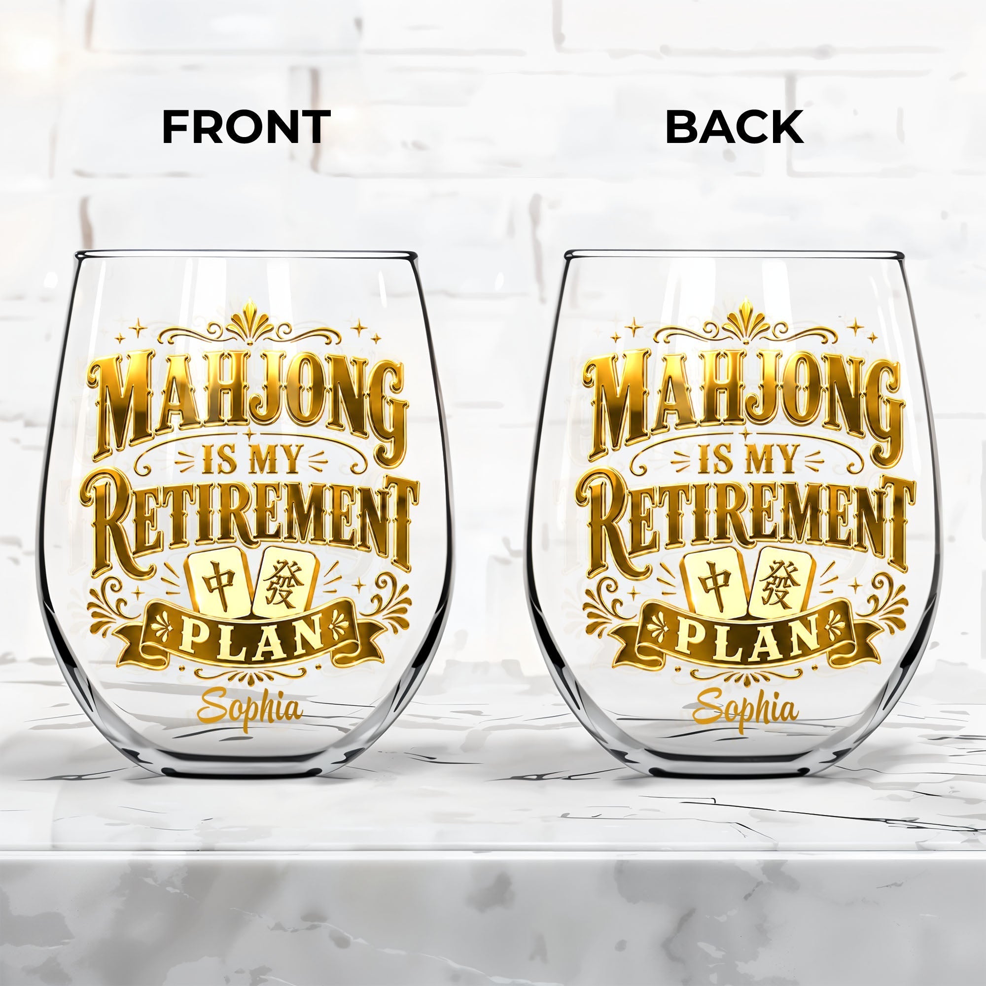 Personalized Stemless Wine Glass Mahjong Retirement Gift
