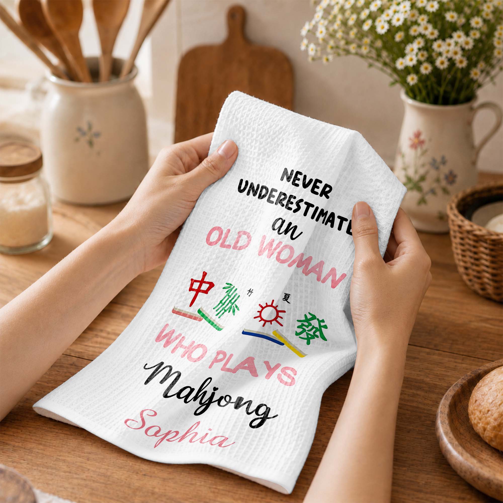 Personalized Mahjong Kitchen Towel Custom Name Gift for Her