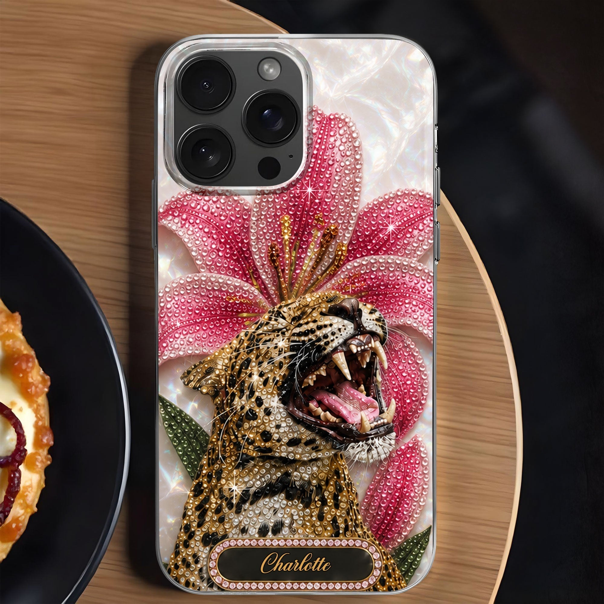 Personalized Clear Phone Case Leopard Lily Flower Custom Name Gift for Her