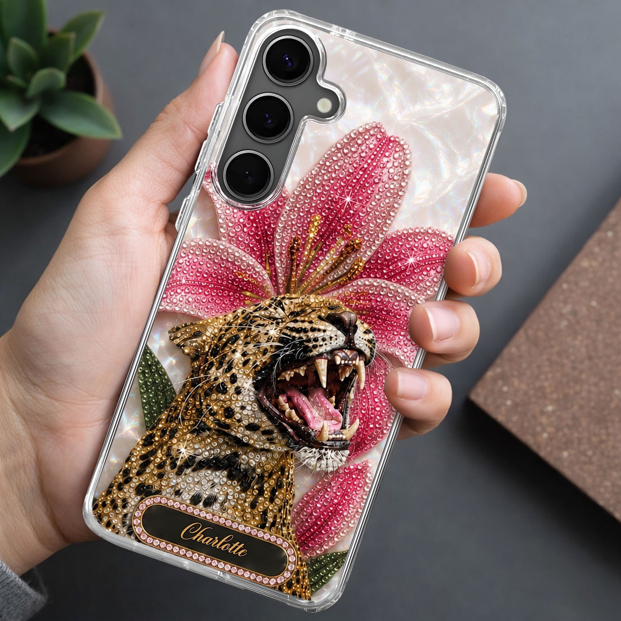 Personalized Clear Phone Case Leopard Lily Flower Custom Name Gift for Her