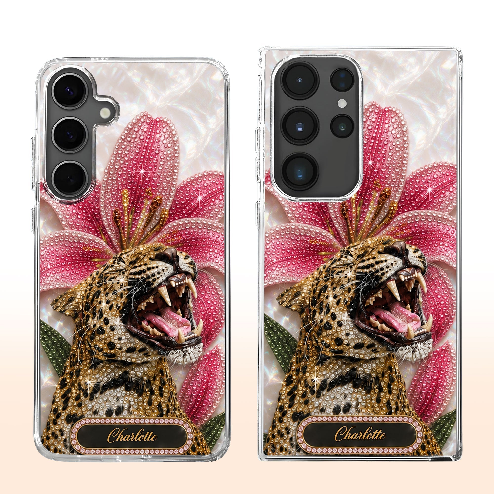 Personalized Clear Phone Case Leopard Lily Flower Custom Name Gift for Her