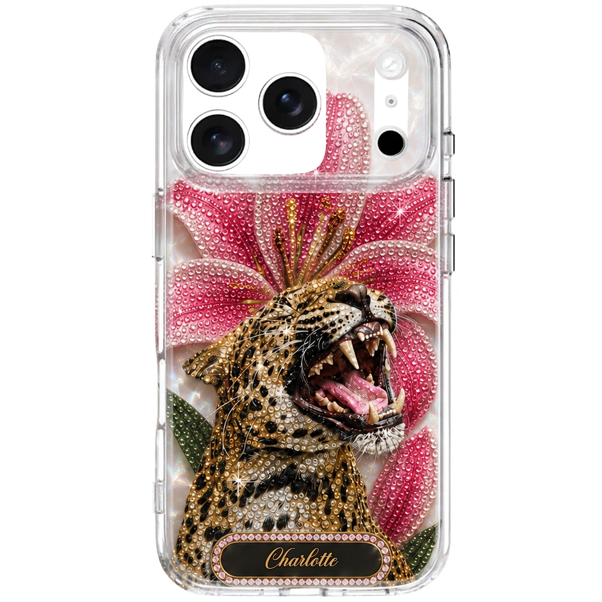 Personalized Clear Phone Case Leopard Lily Flower Custom Name Gift for Her