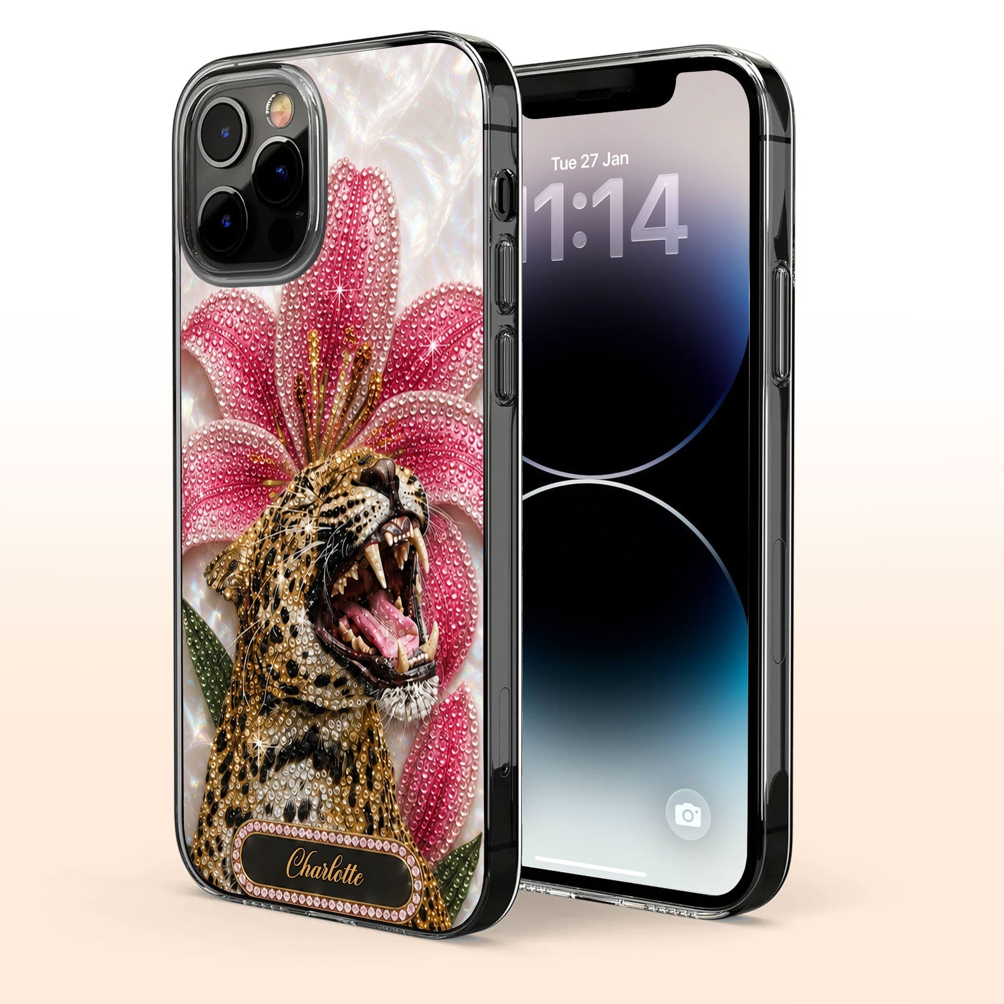 Personalized Clear Phone Case Leopard Lily Flower Custom Name Gift for Her