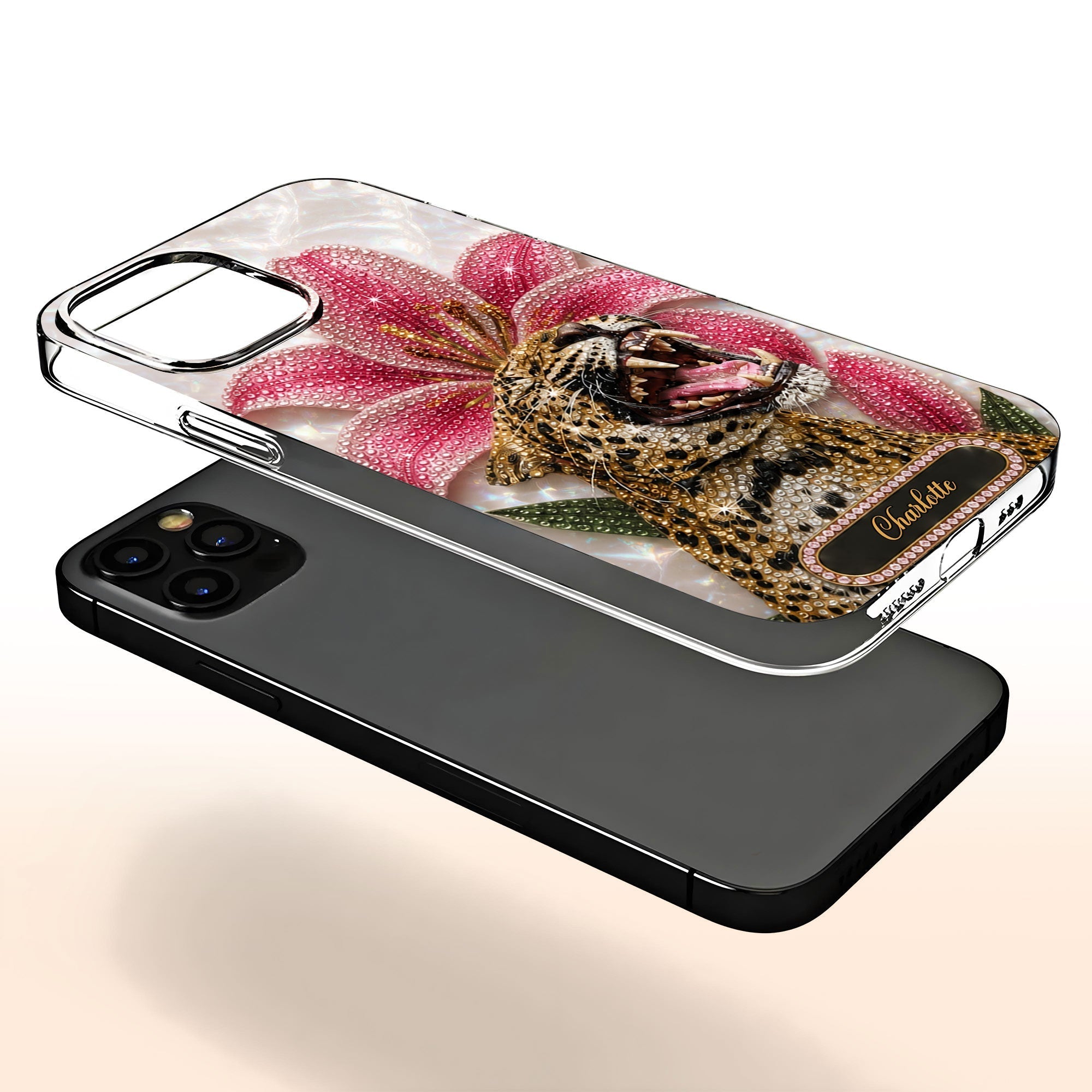 Personalized Clear Phone Case Leopard Lily Flower Custom Name Gift for Her