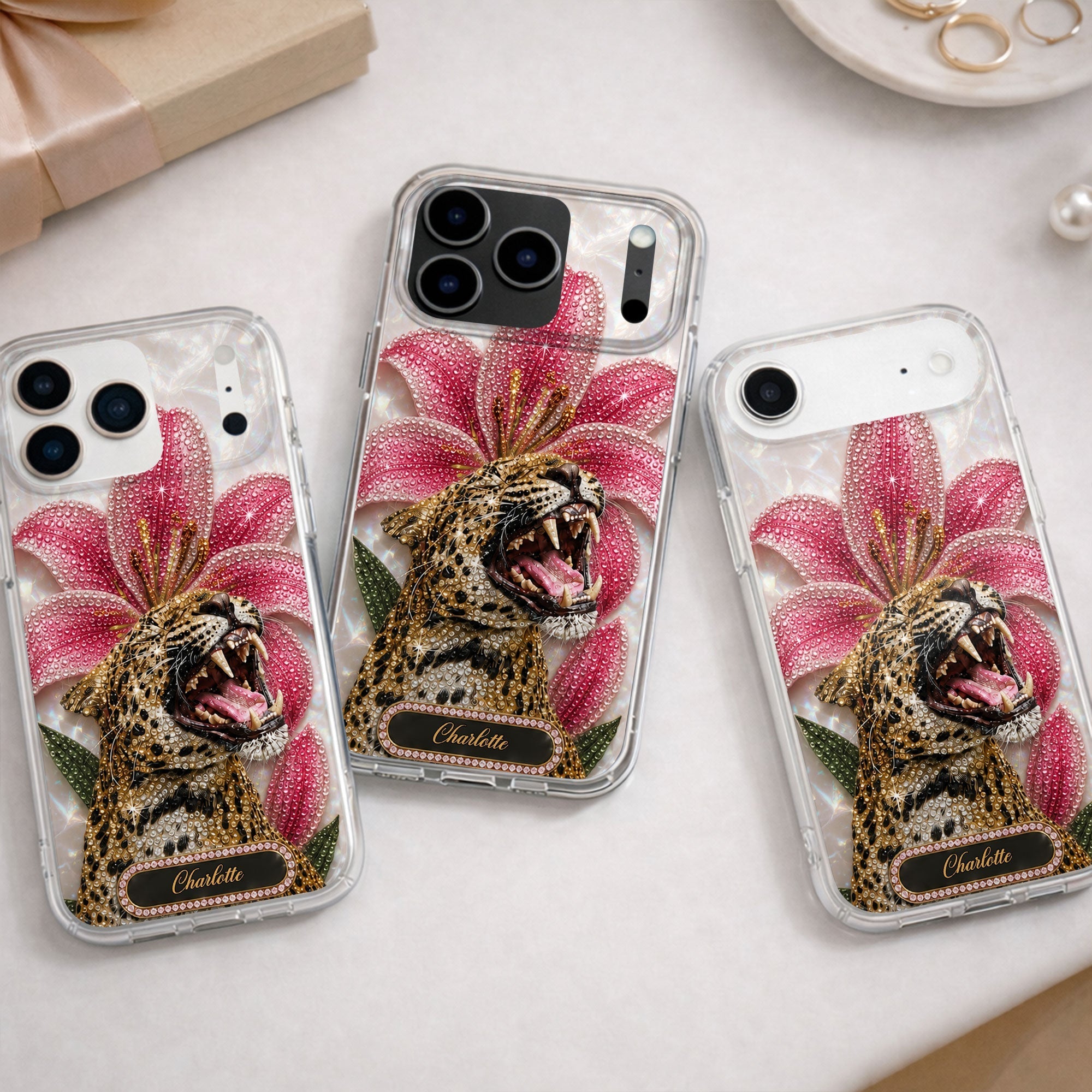 Personalized Clear Phone Case Leopard Lily Flower Custom Name Gift for Her