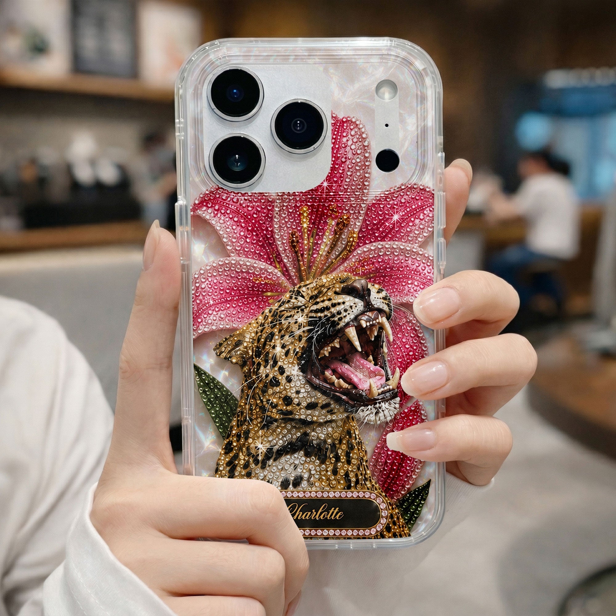 Personalized Clear Phone Case Leopard Lily Flower Custom Name Gift for Her