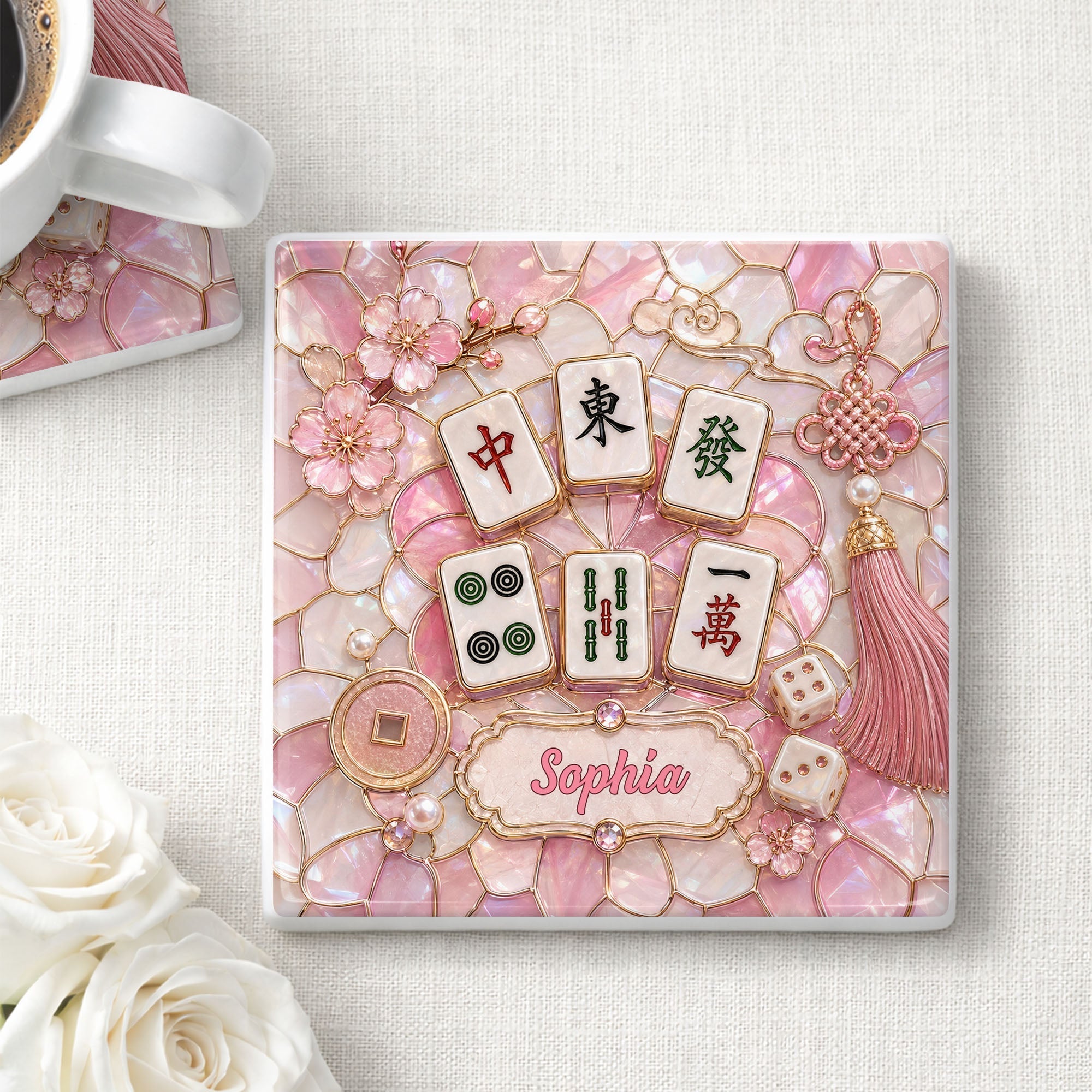 Personalized Ceramic Coaster with Cherry Blossoms for Game Night