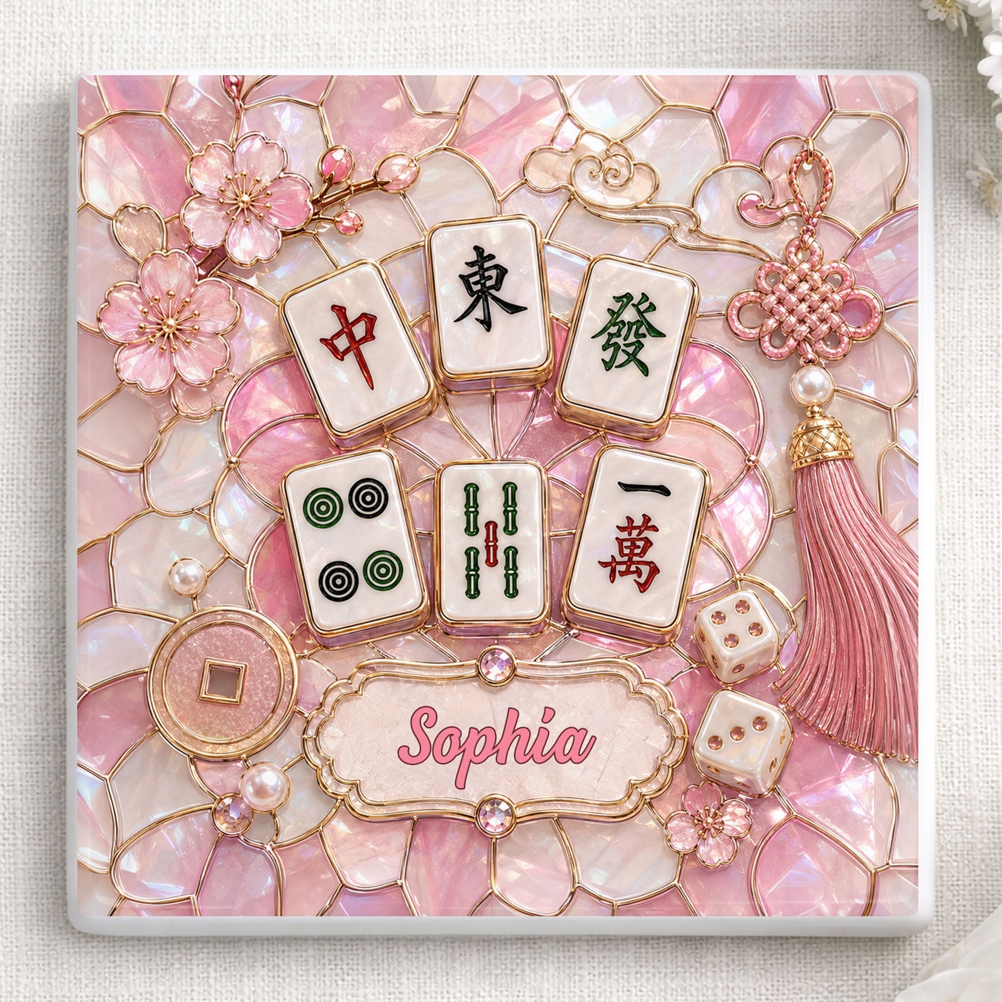 Personalized Ceramic Coaster with Cherry Blossoms for Game Night