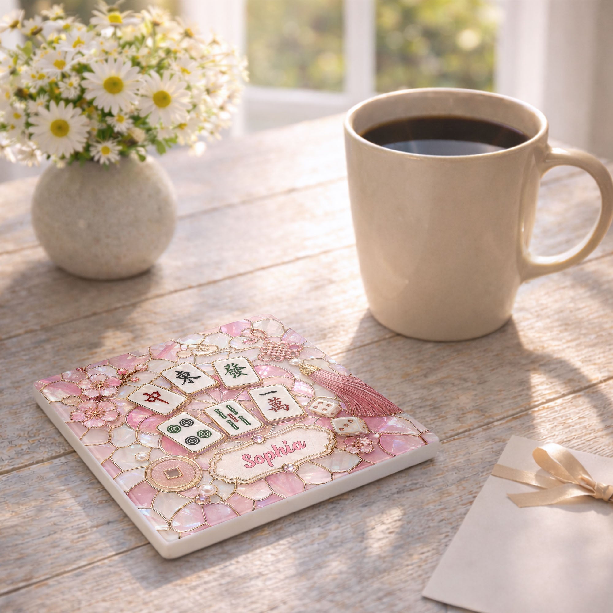 Personalized Ceramic Coaster with Cherry Blossoms for Game Night