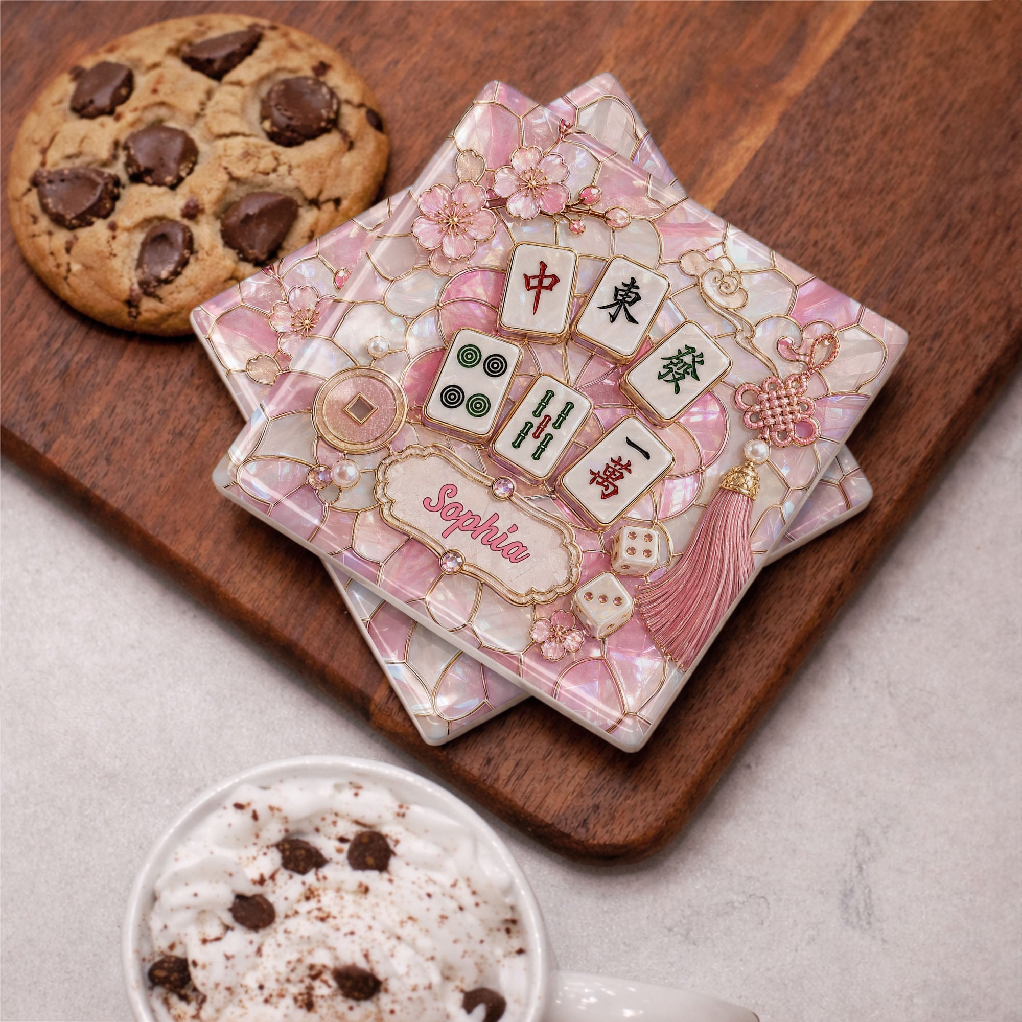 Personalized Ceramic Coaster with Cherry Blossoms for Game Night