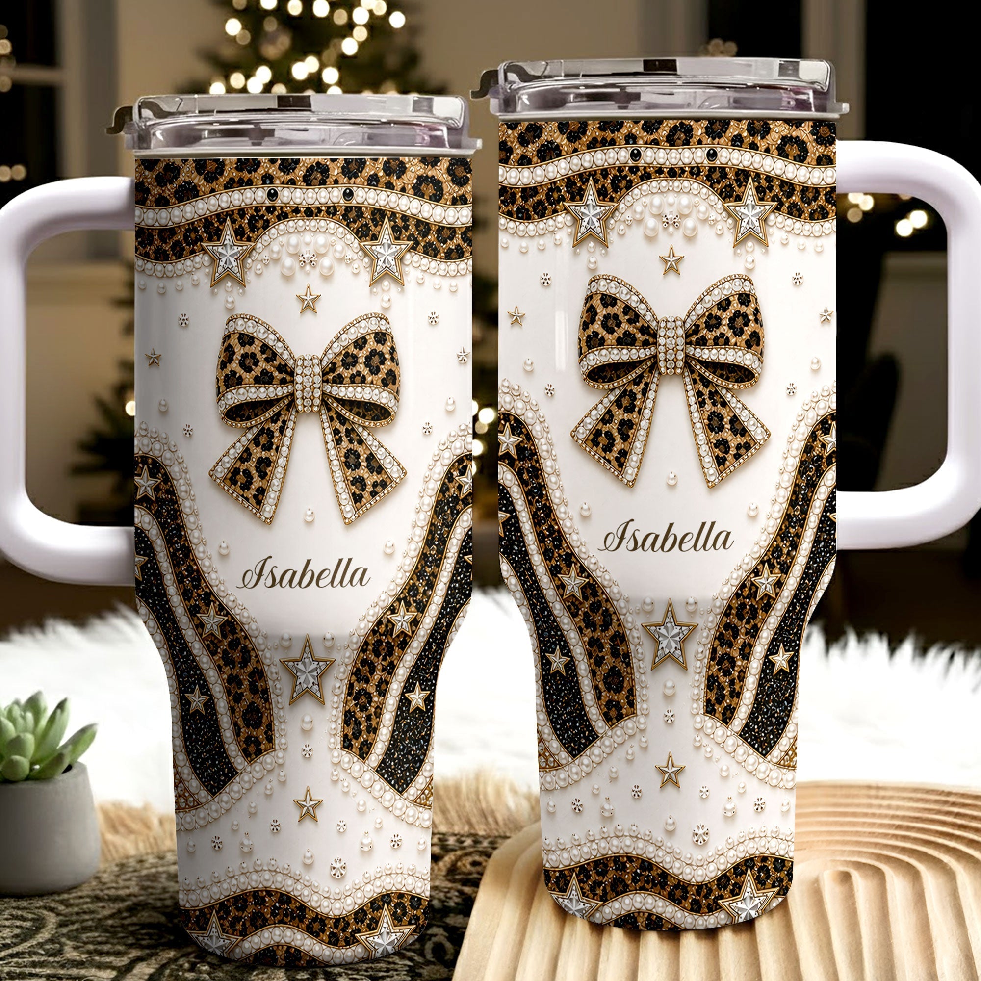 Personalized Leopard Bow 40oz Tumbler with Straw Gift for Her
