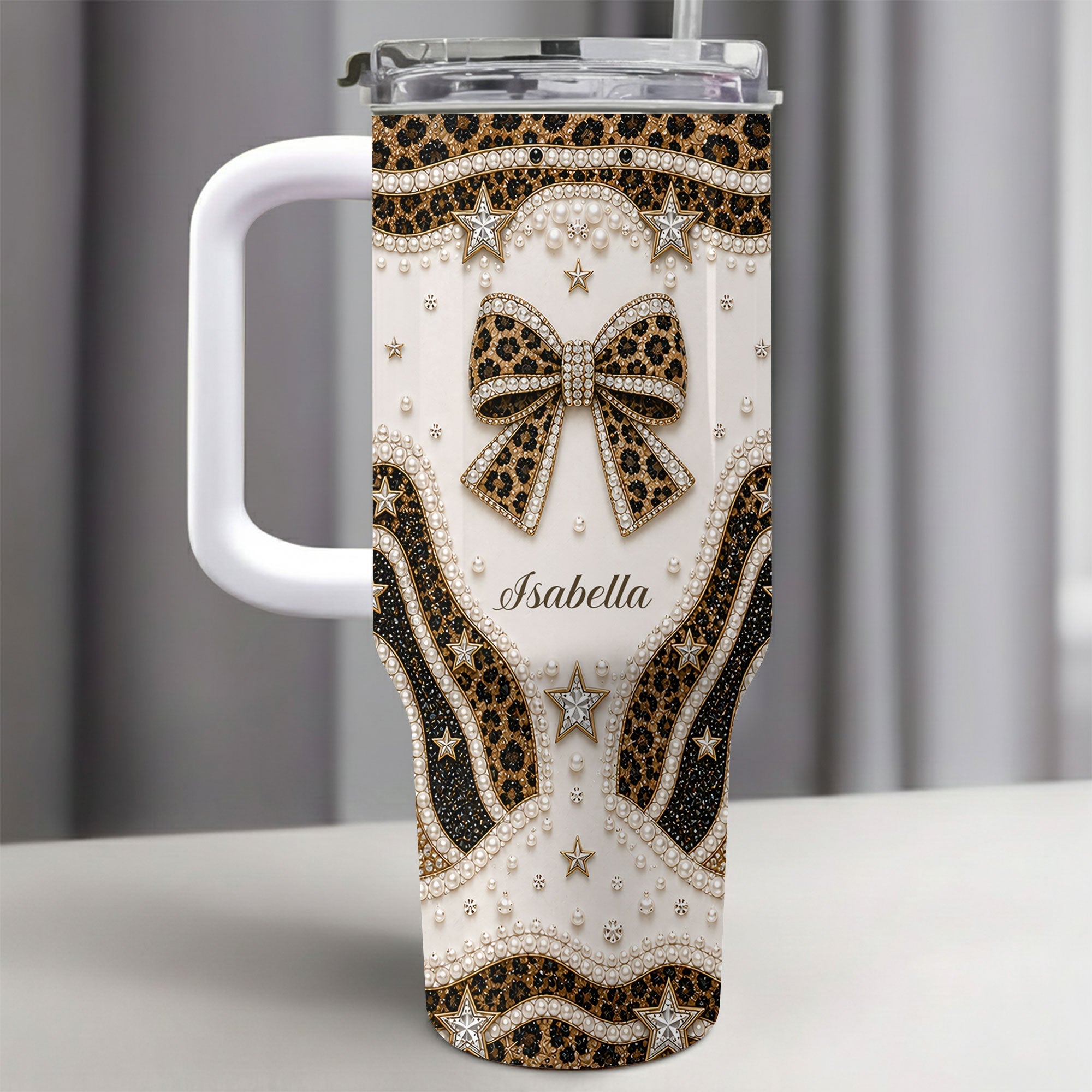 Personalized Leopard Bow 40oz Tumbler with Straw Gift for Her