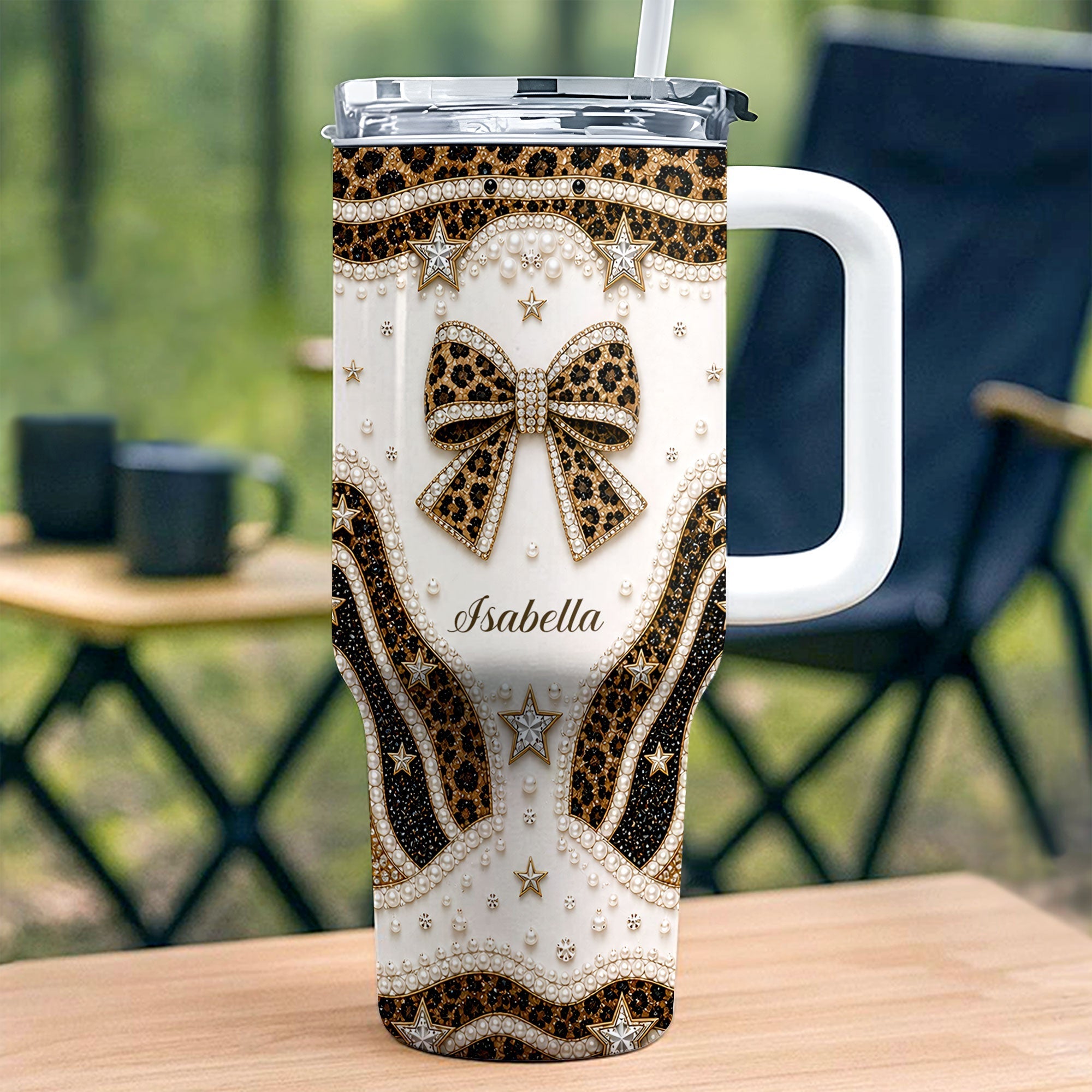 Personalized Leopard Bow 40oz Tumbler with Straw Gift for Her