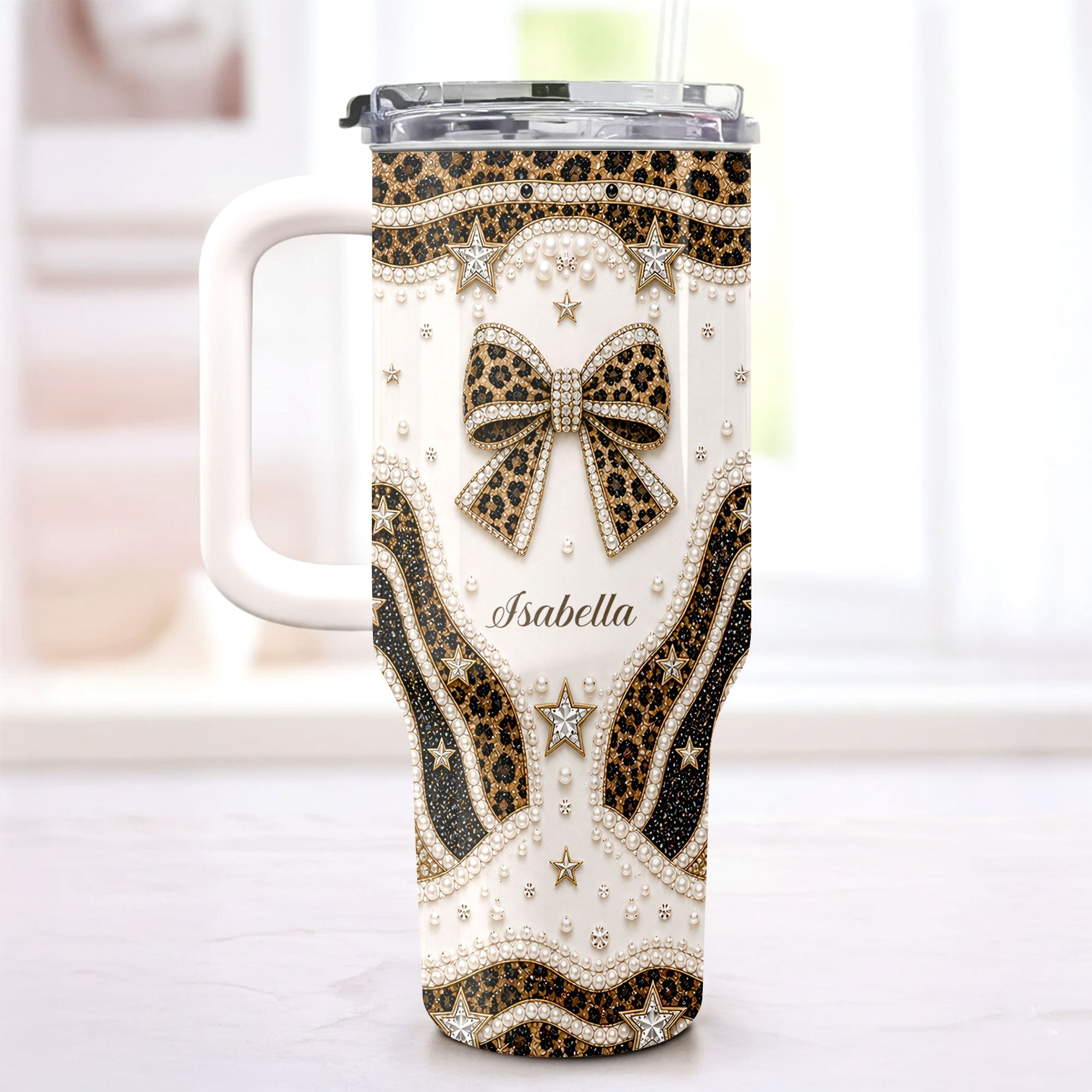 Personalized Leopard Bow 40oz Tumbler with Straw Gift for Her