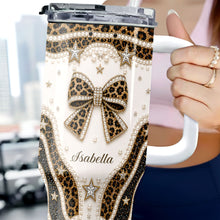 Load image into Gallery viewer, Personalized Leopard Bow 40oz Tumbler with Straw Gift for Her
