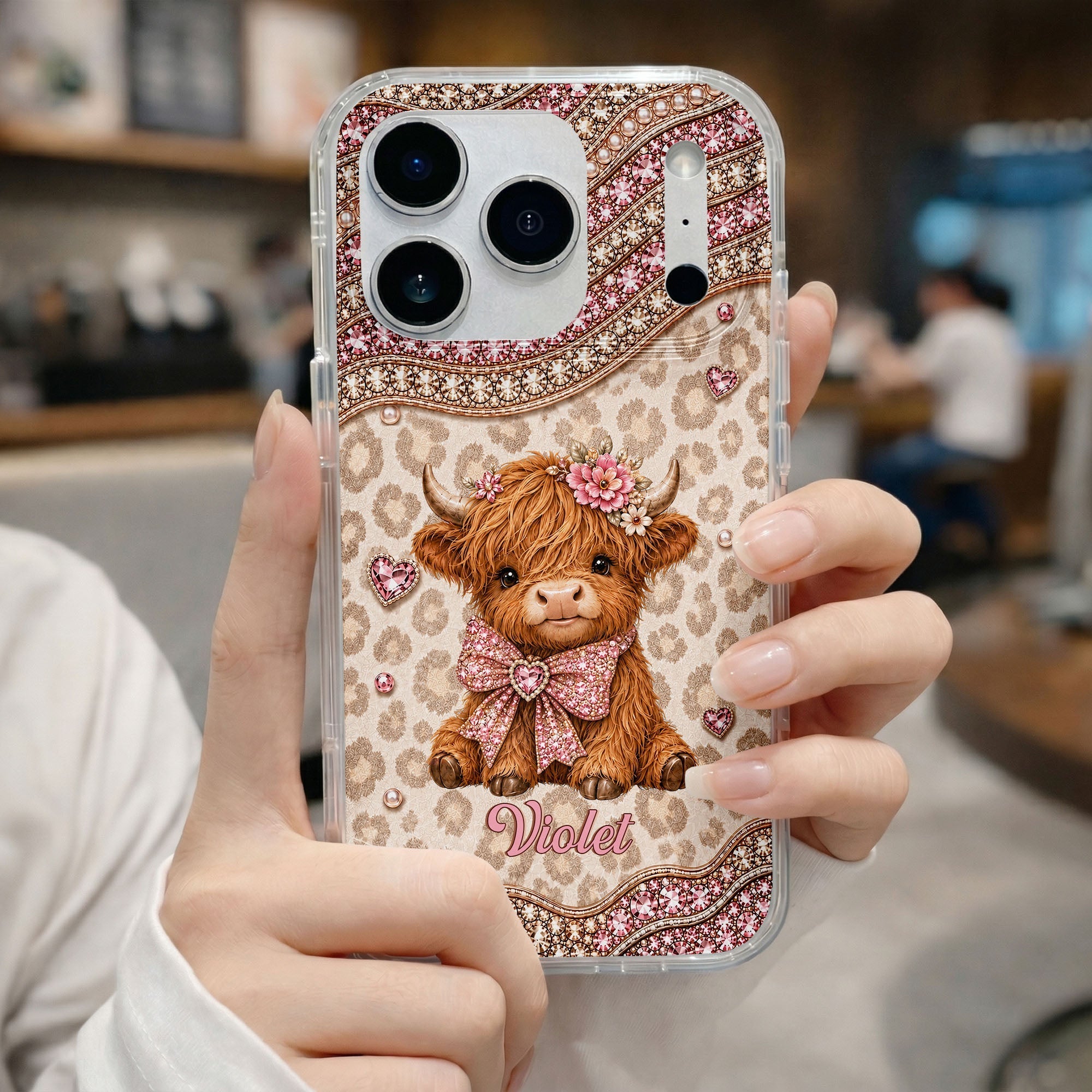 Personalized Highland Cow Clear Phone Case with 3D Rhinestones Gift for Her