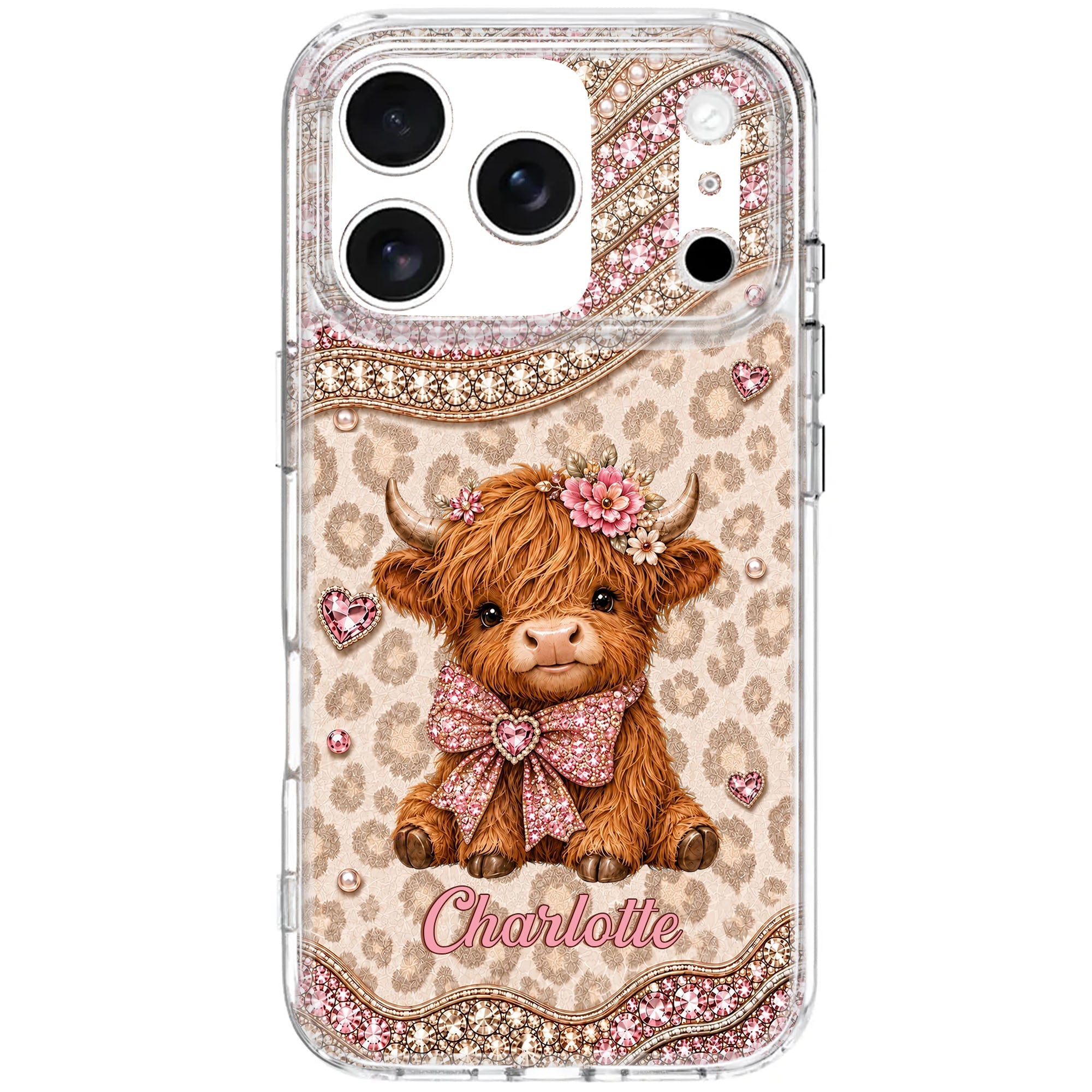 Personalized Highland Cow Clear Phone Case with 3D Rhinestones Gift for Her