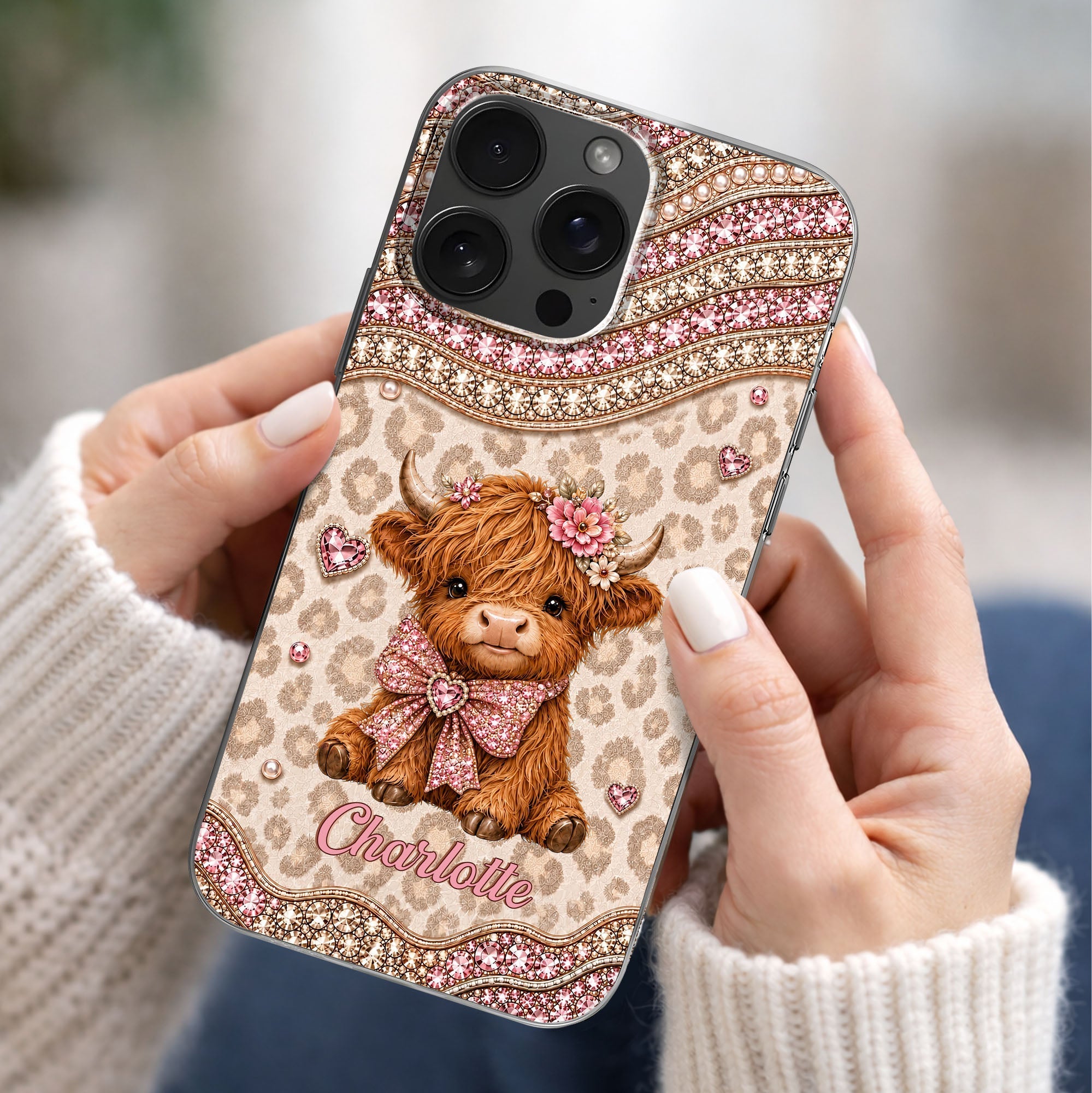Personalized Highland Cow Clear Phone Case with 3D Rhinestones Gift for Her