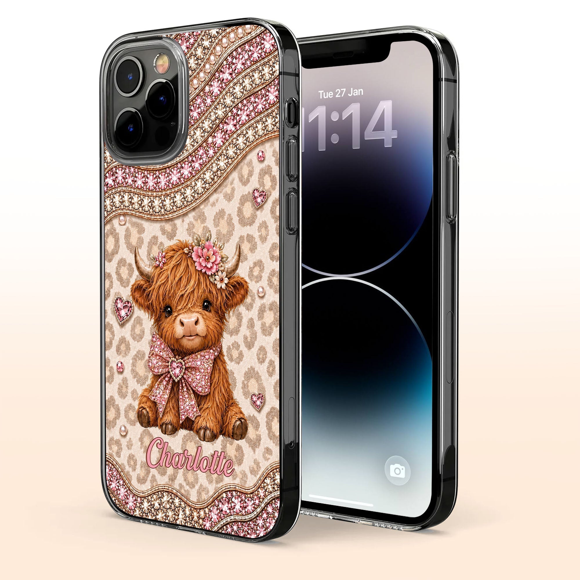 Personalized Highland Cow Clear Phone Case with 3D Rhinestones Gift for Her