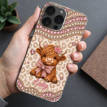 Load image into Gallery viewer, Personalized Highland Cow Clear Phone Case with 3D Rhinestones Gift for Her
