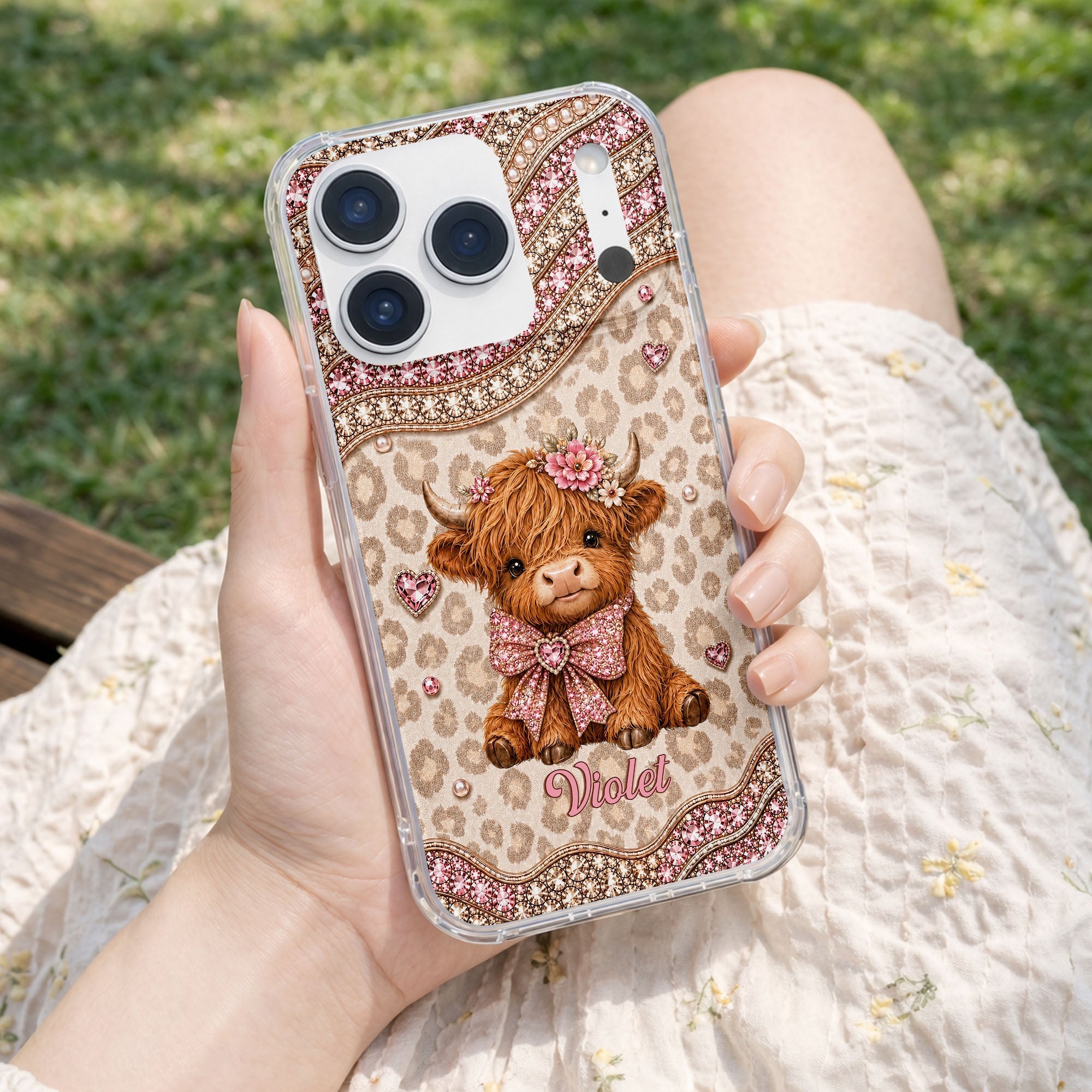 Personalized Highland Cow Clear Phone Case with 3D Rhinestones Gift for Her