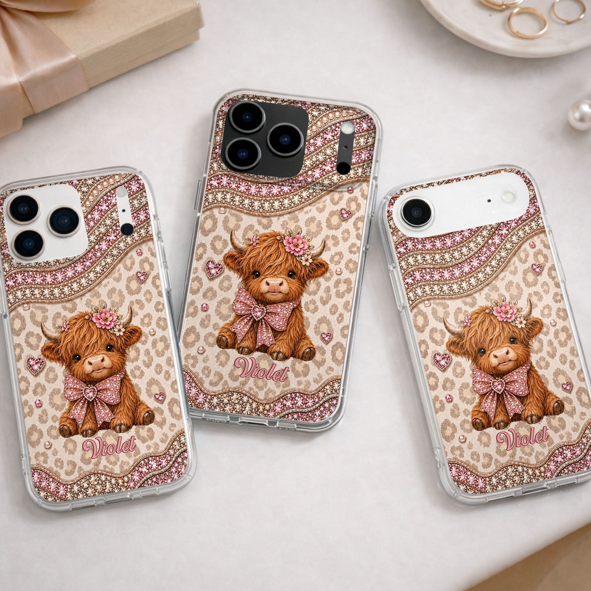 Personalized Highland Cow Clear Phone Case with 3D Rhinestones Gift for Her