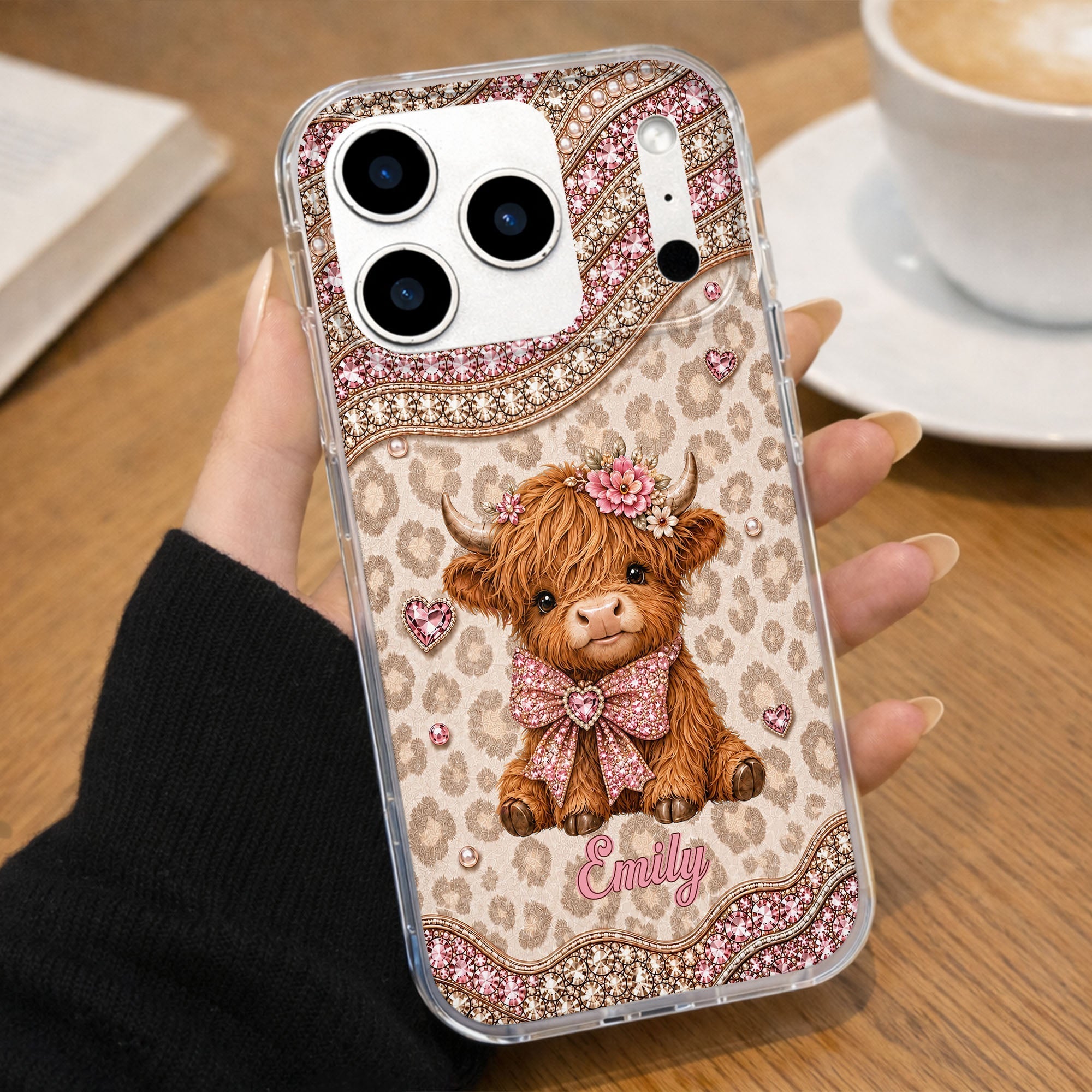 Personalized Highland Cow Clear Phone Case with 3D Rhinestones Gift for Her