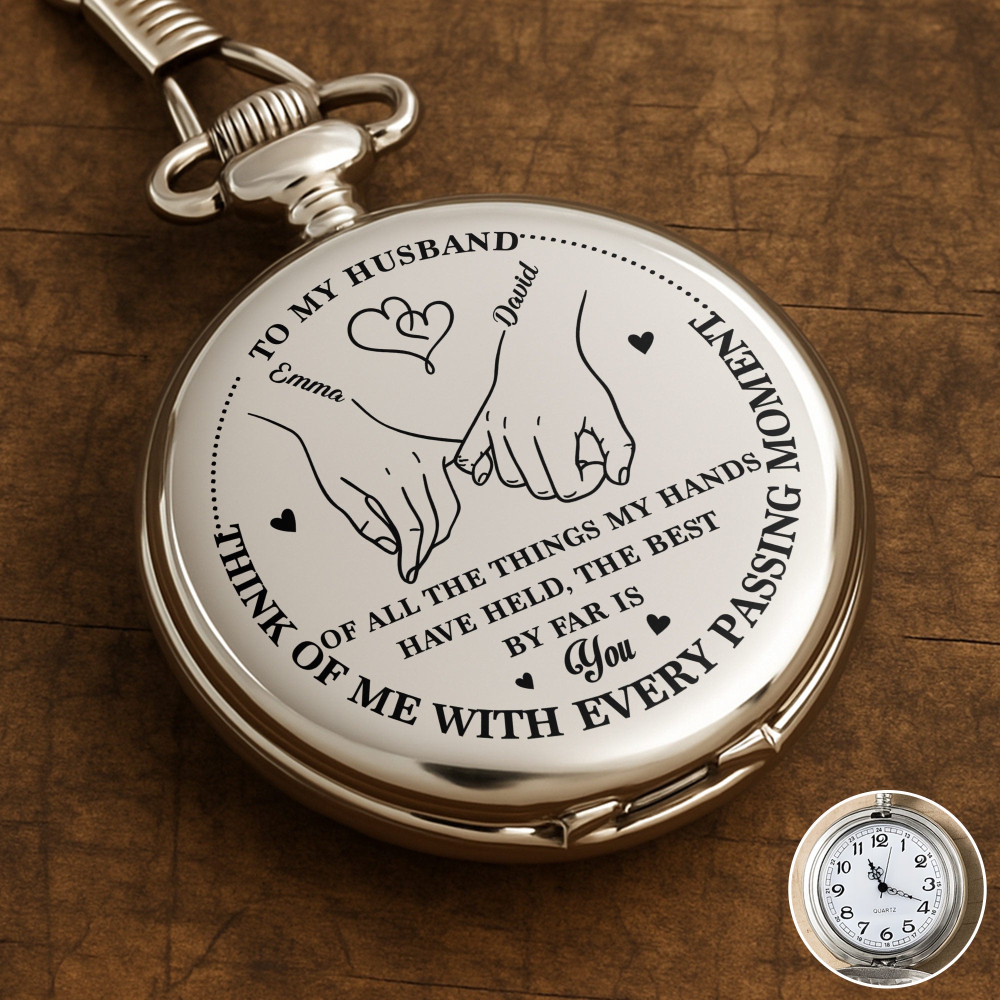Personalized Silver Plated Pocket Watch Custom Gift for Husband Anniversary