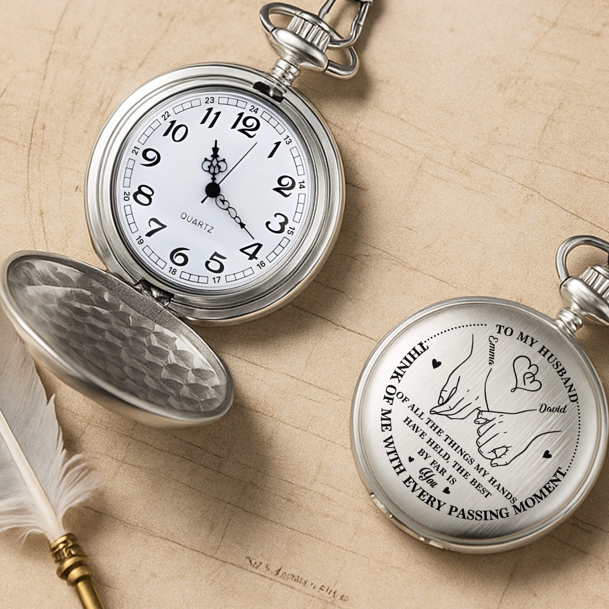 Personalized Silver Plated Pocket Watch Custom Gift for Husband Anniversary