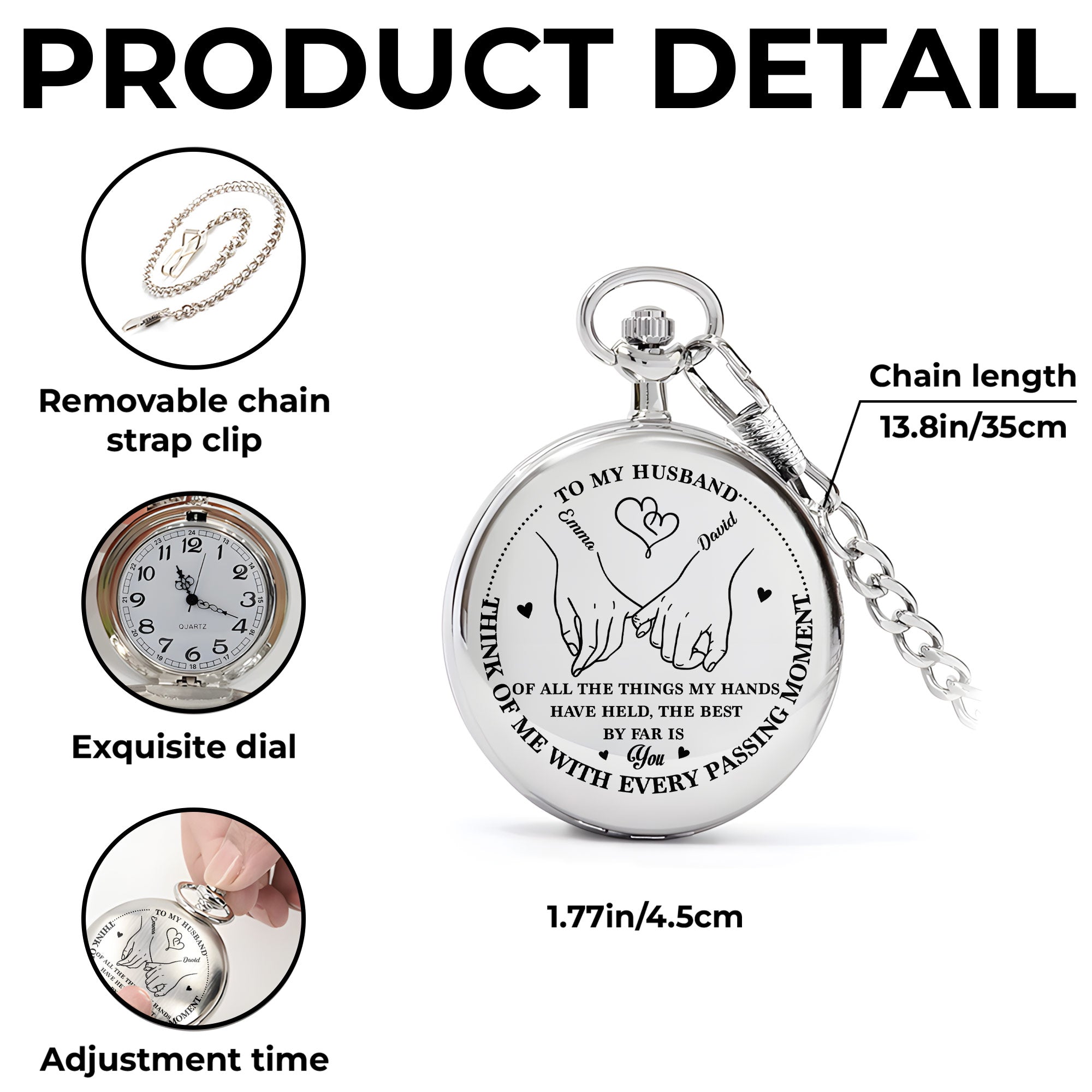 Personalized Silver Plated Pocket Watch Custom Gift for Husband Anniversary