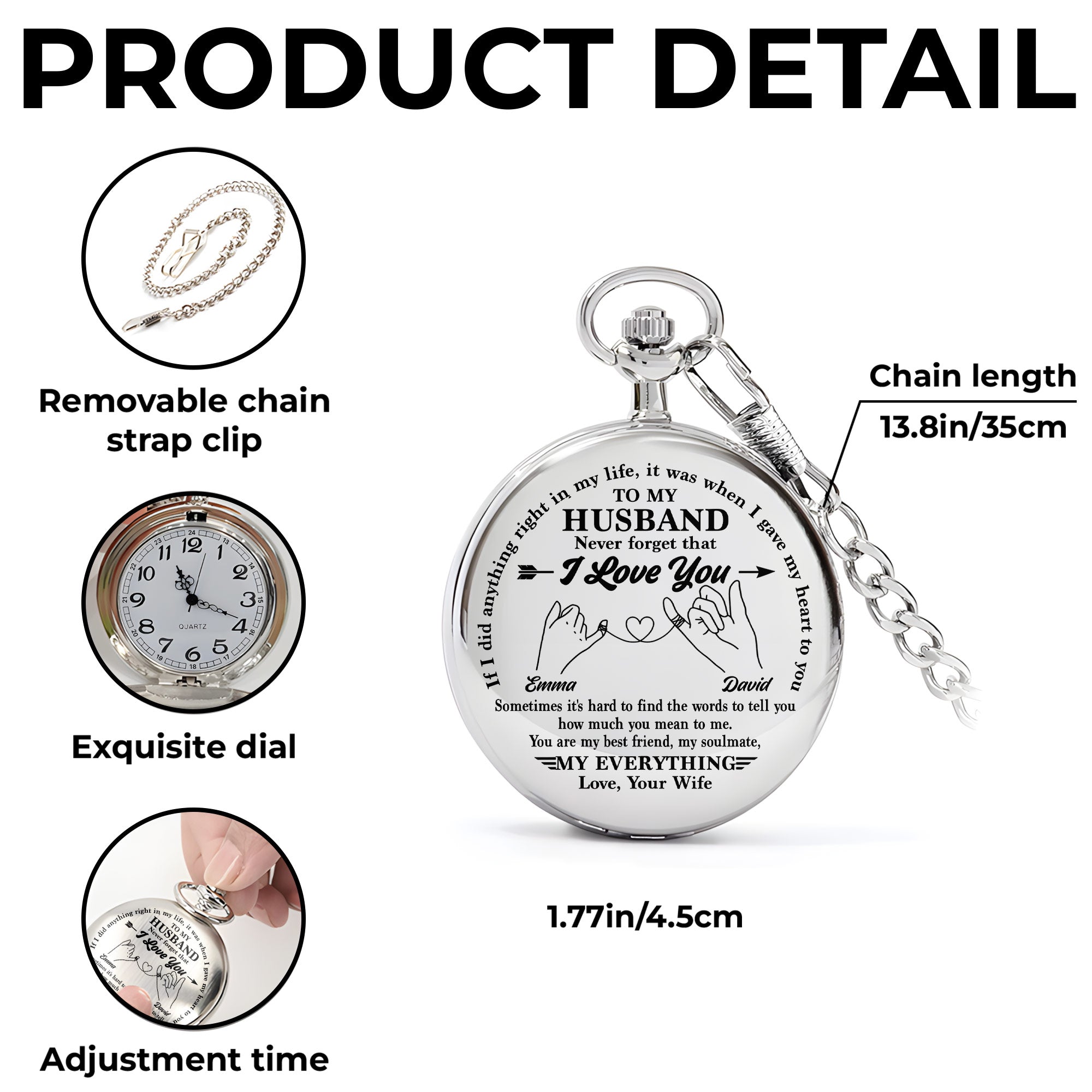 Personalized Silver Pocket Watch Custom Message Gift for Husband