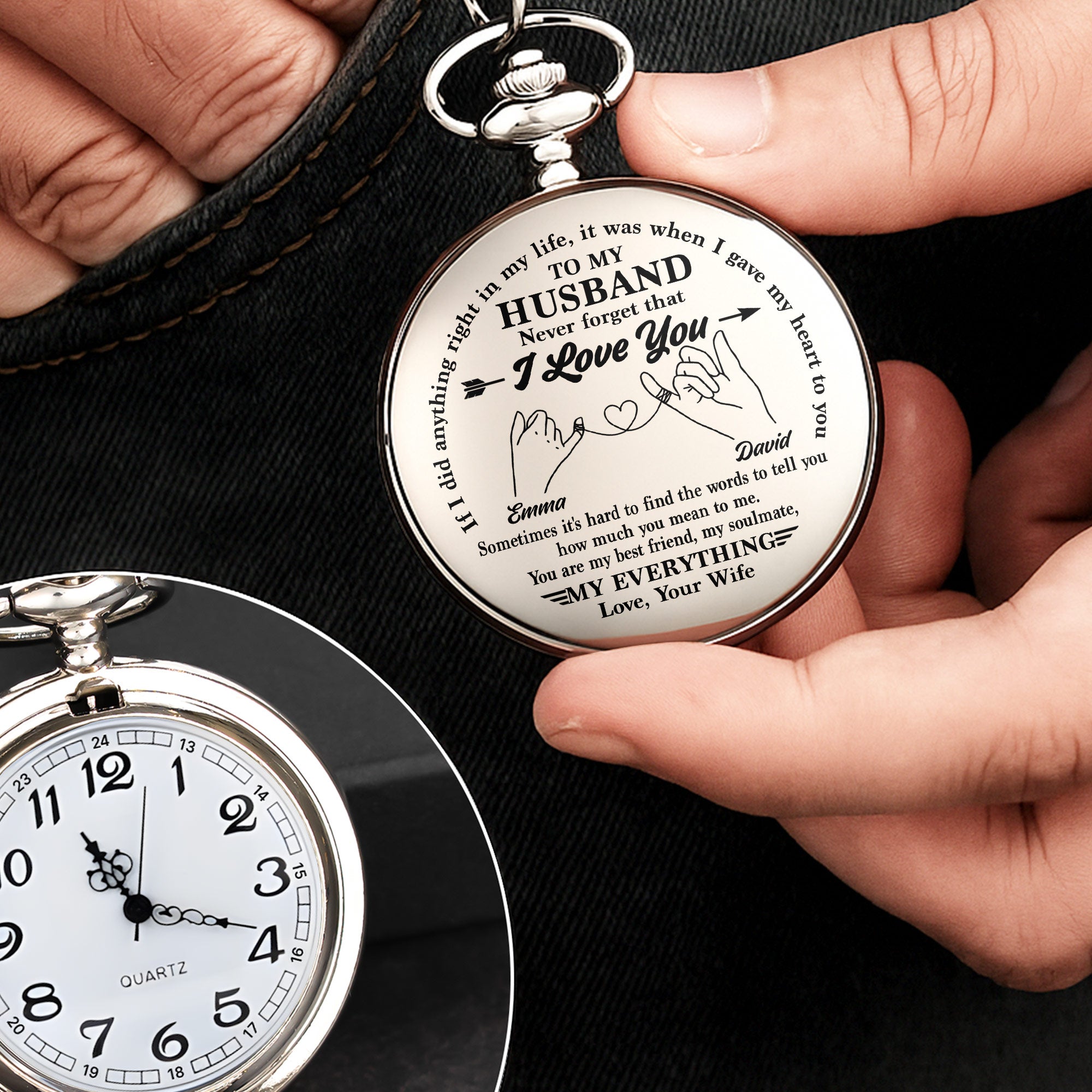 Personalized Silver Pocket Watch Custom Message Gift for Husband