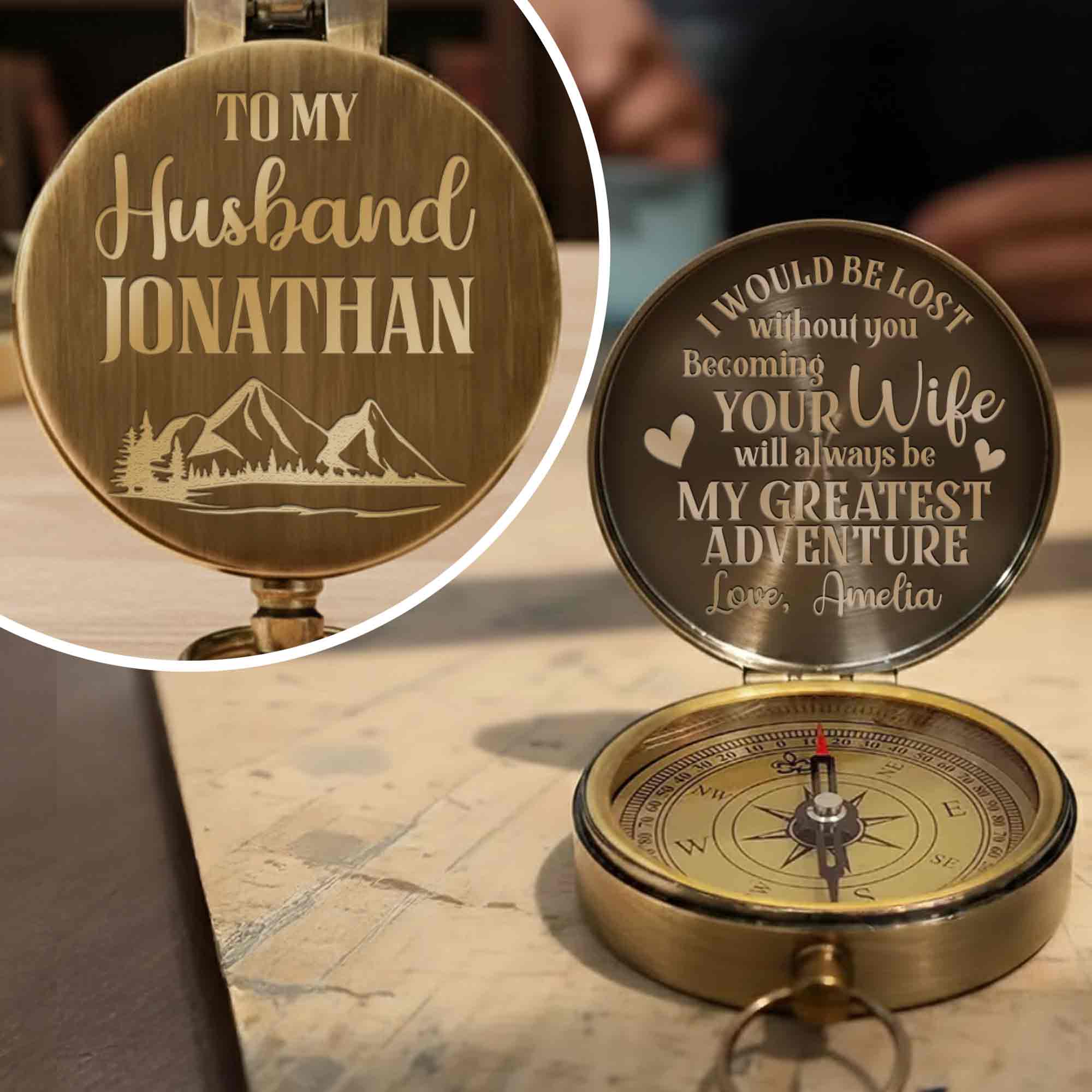 Personalized Engraved Brass Compass Custom Gift for Husband