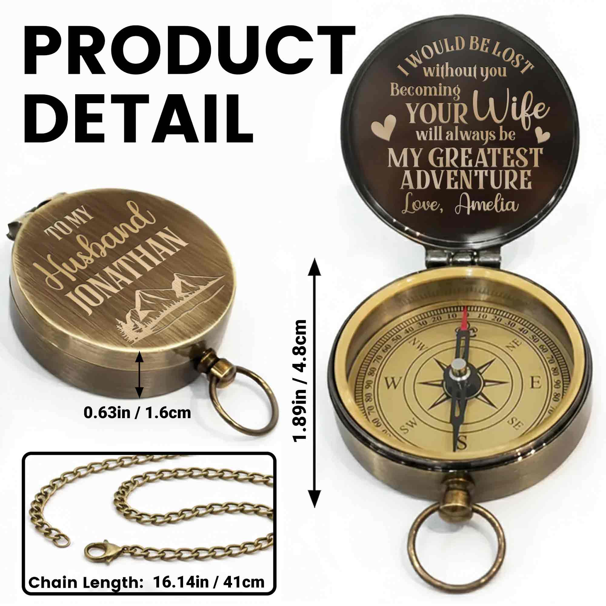 Personalized Engraved Brass Compass Custom Gift for Husband